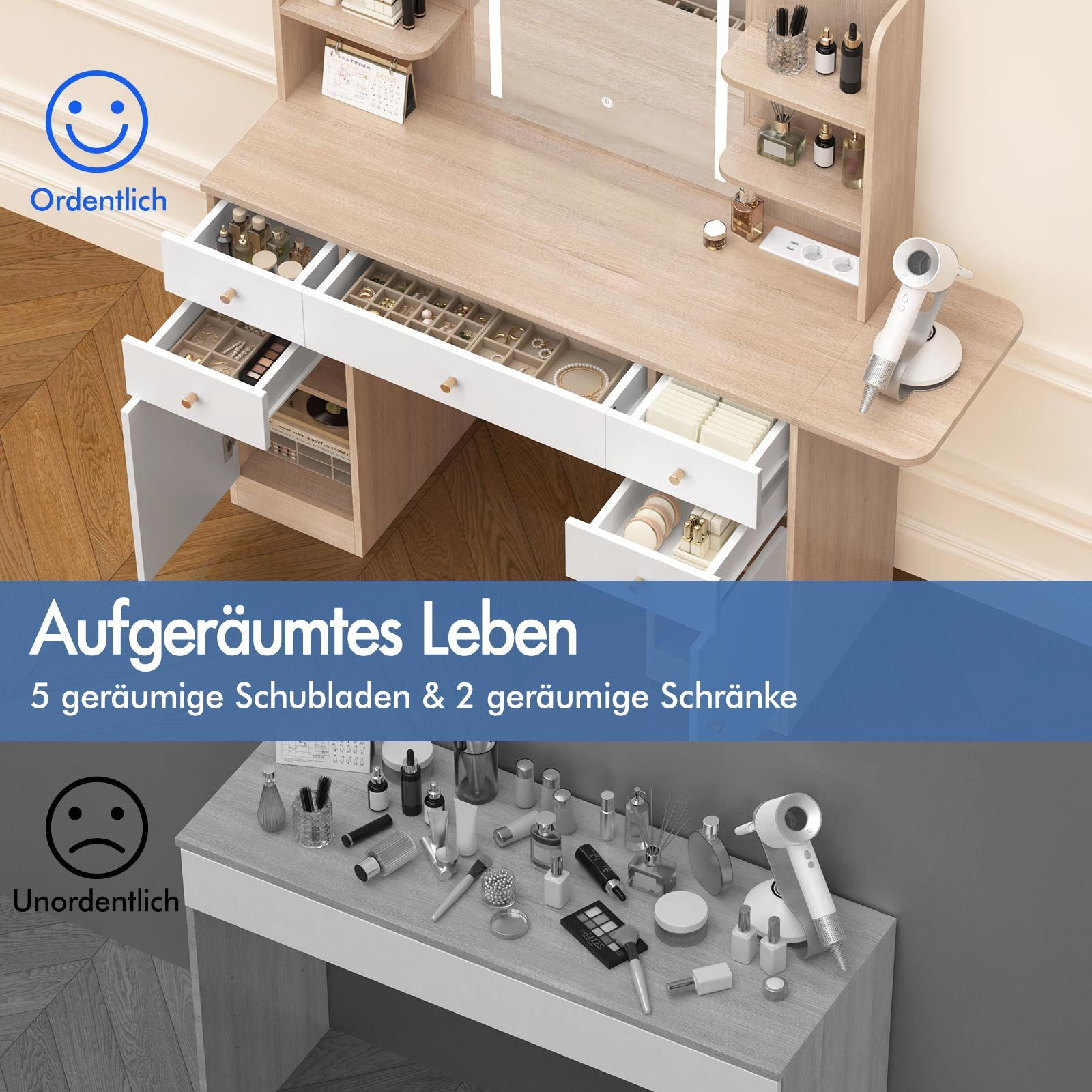 Ein ordentlicher Schminktisch mit Schubladen, Zubehör und einem Haartrockner. Es zeigt Ordnung und Unordnung.