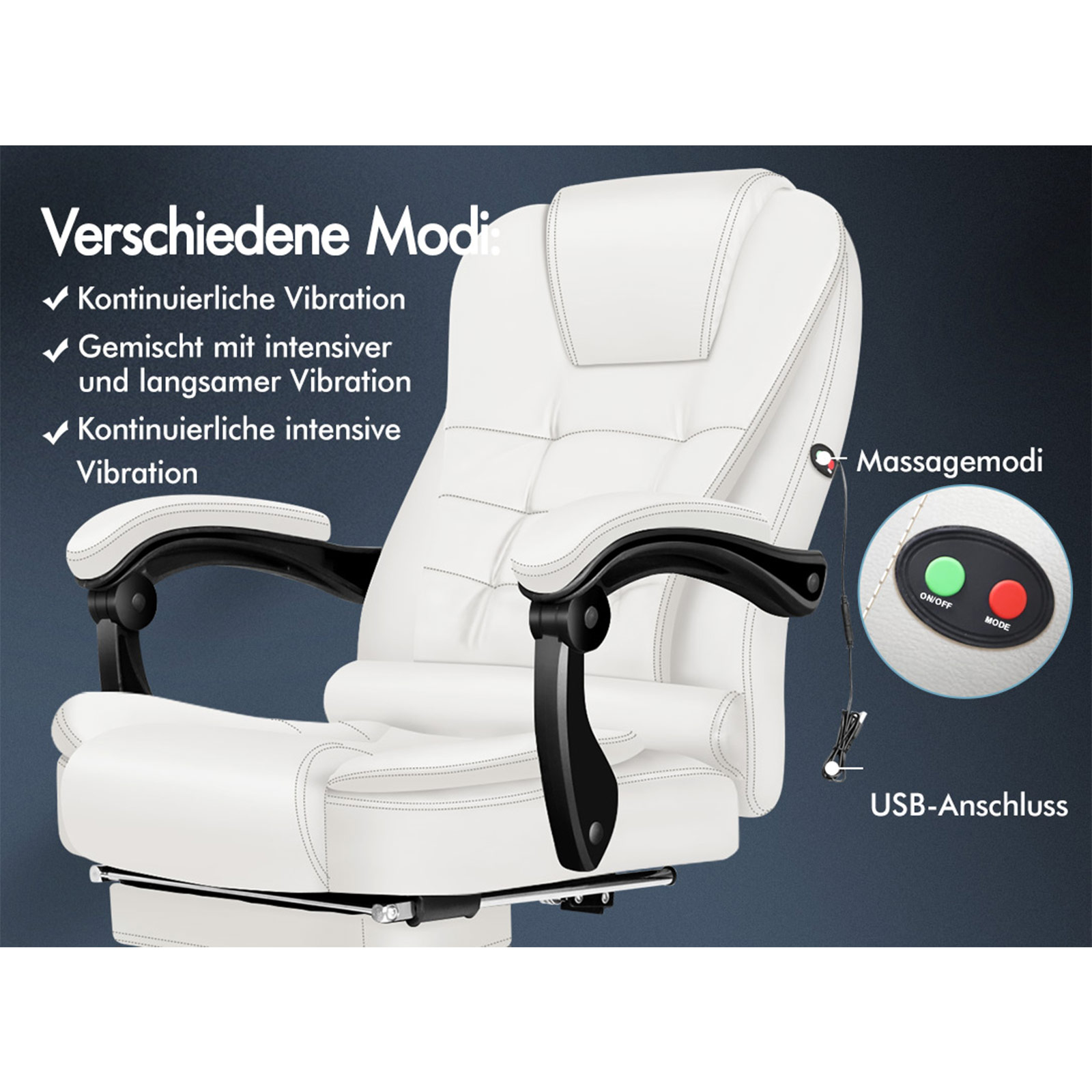 Weißer Massagestuhl mit schwarzen Armlehnen, einem Bedienfeld und Textbeschriftungen auf Deutsch.