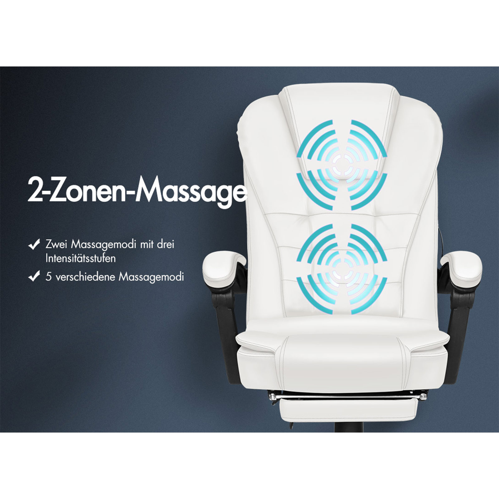 Weißer Massagestuhl mit blauen Massagezonen-Symbolen. Text: 2-Zonen-Massage, 2 Massagemodi mit 3 Intensitätsstufen, 5 Modi.