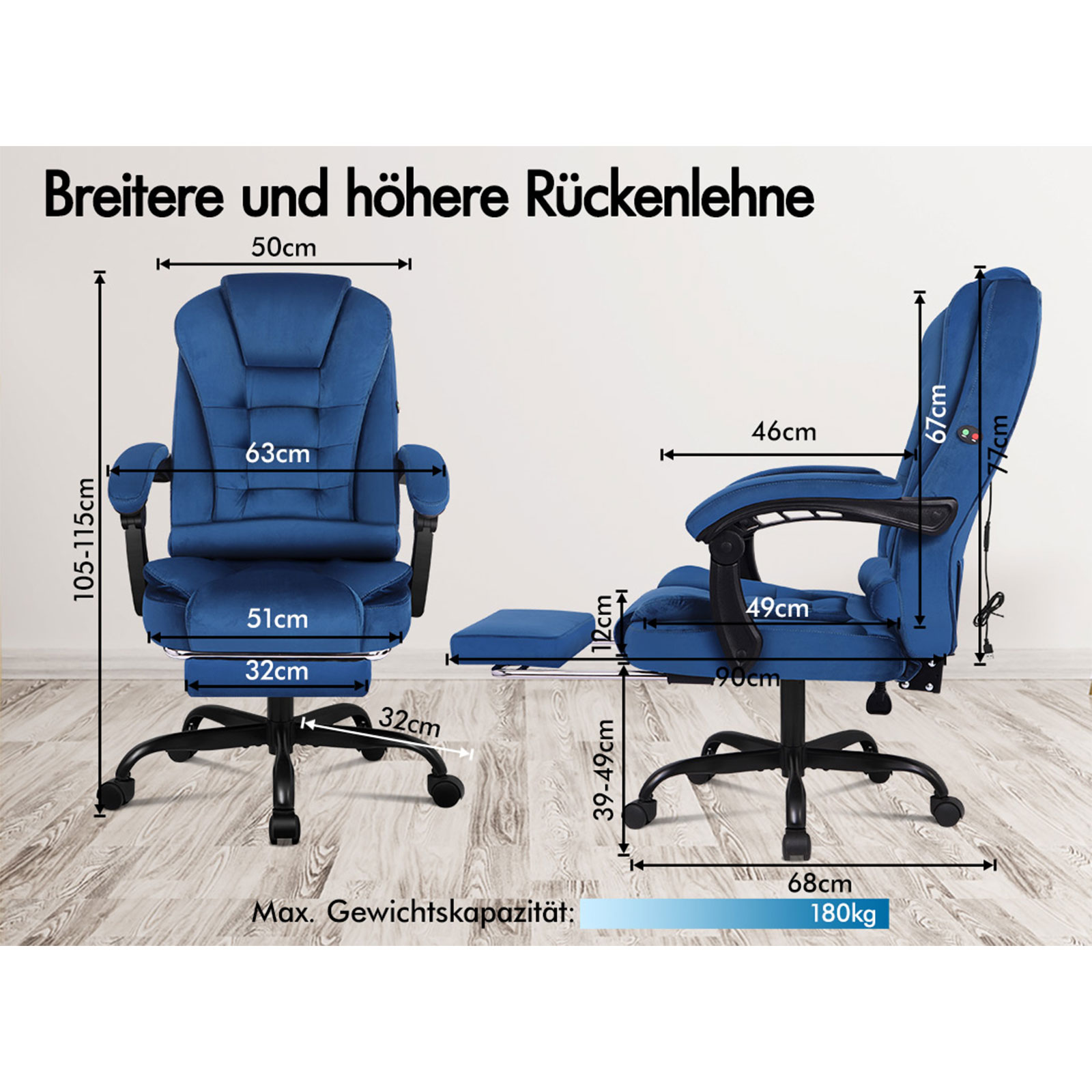 Ein blauer ergonomischer Bürostuhl mit Maßangaben. Inklusive Fußstütze und einer Tragfähigkeit von 180 kg.