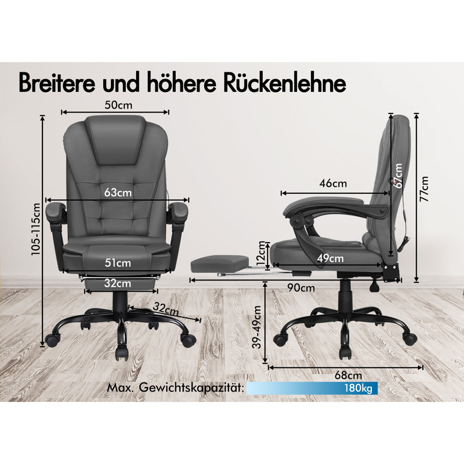 Das Bild zeigt zwei graue Bürostühle mit Maßangaben. Text hebt breitere, höhere Rückenlehnen hervor. Kapazität: 180 kg.