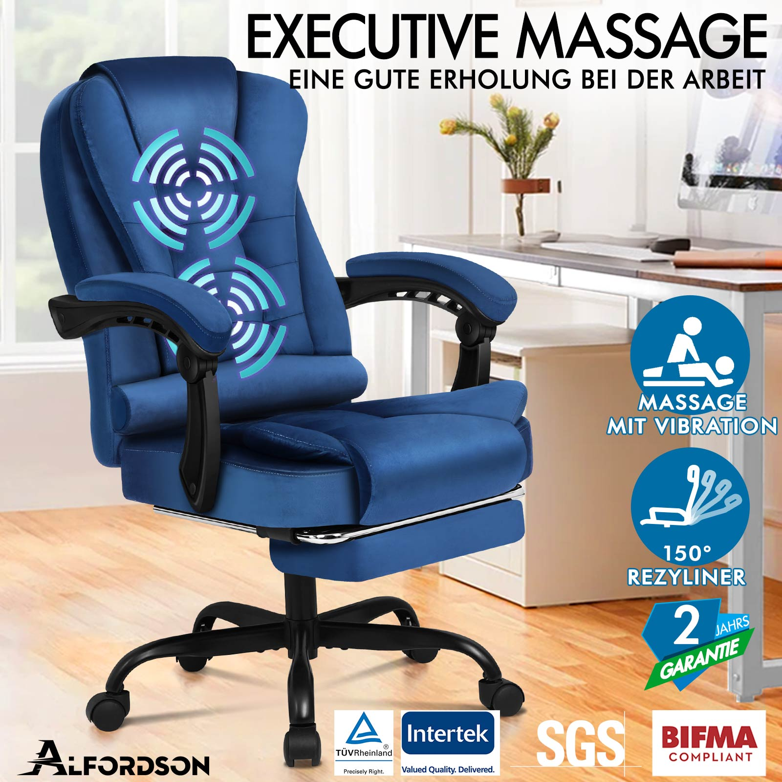 Blauer Massagestuhl mit Armlehnen, Vibrationsmassagefunktion und 150-Grad-Neigung, mit 2 Jahren Garantie.