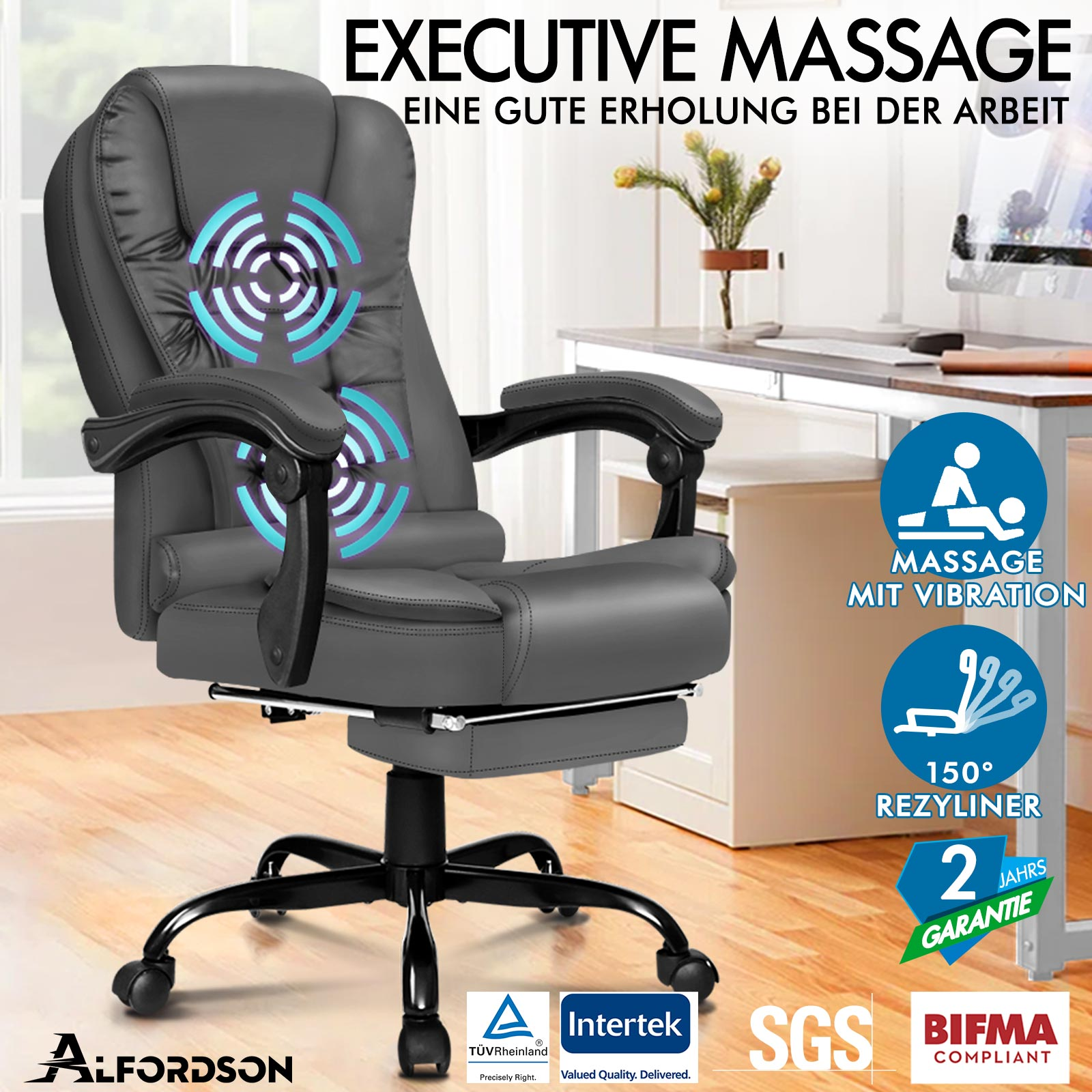 Ein grauer Massagestuhl mit Vibration, 150° Neigung und 2 Jahren Garantie. Er hat schwarze Armlehnen und einen Sockel.