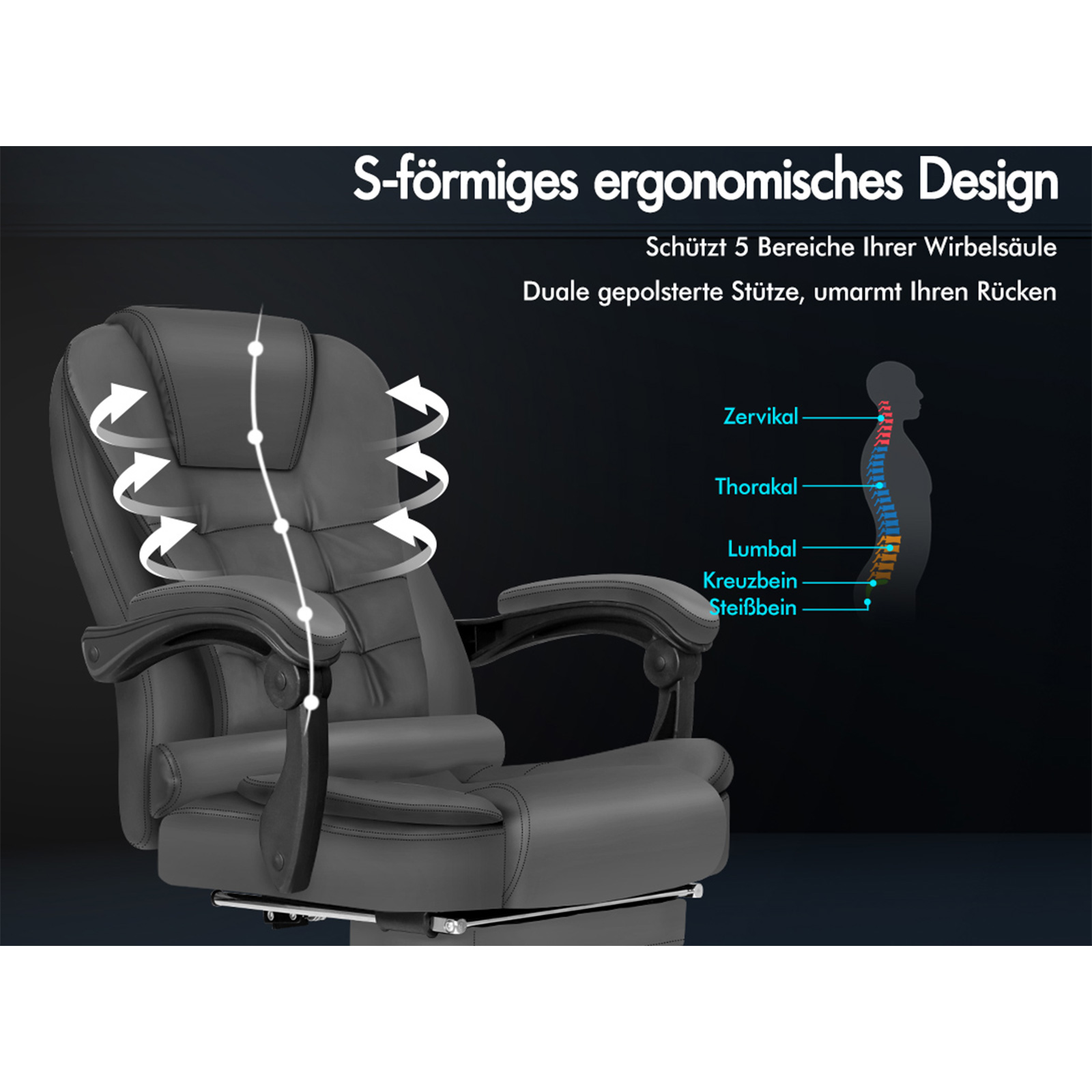 Grauer ergonomischer Bürostuhl. Ein Diagramm zeigt die Wirbelsäule. Text erwähnt Wirbelsäulenunterstützung und Designmerkmale.