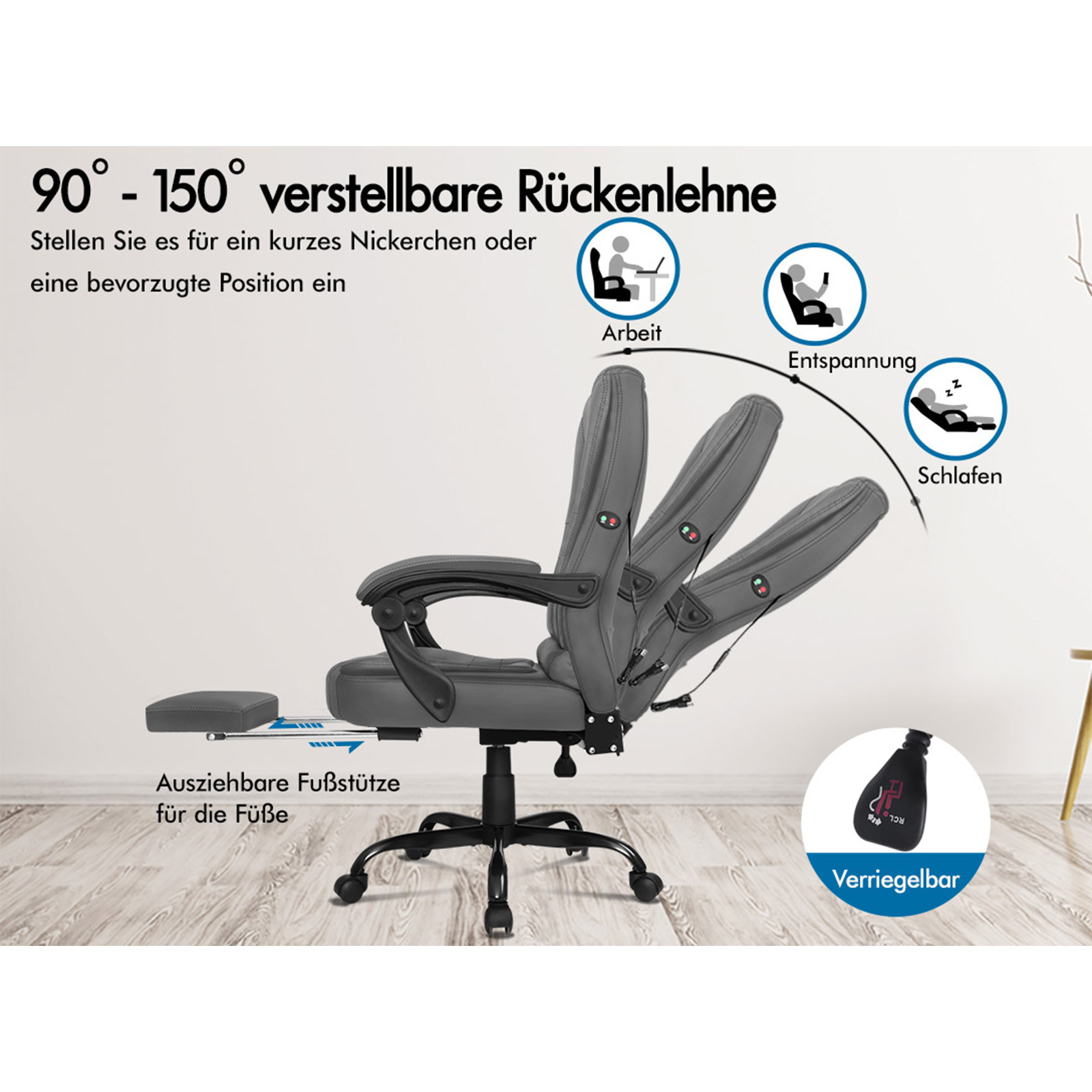 Grauer, verstellbarer Bürostuhl mit Fußstütze. Diagramme zeigen Positionen für Arbeit, Entspannung und Schlaf.