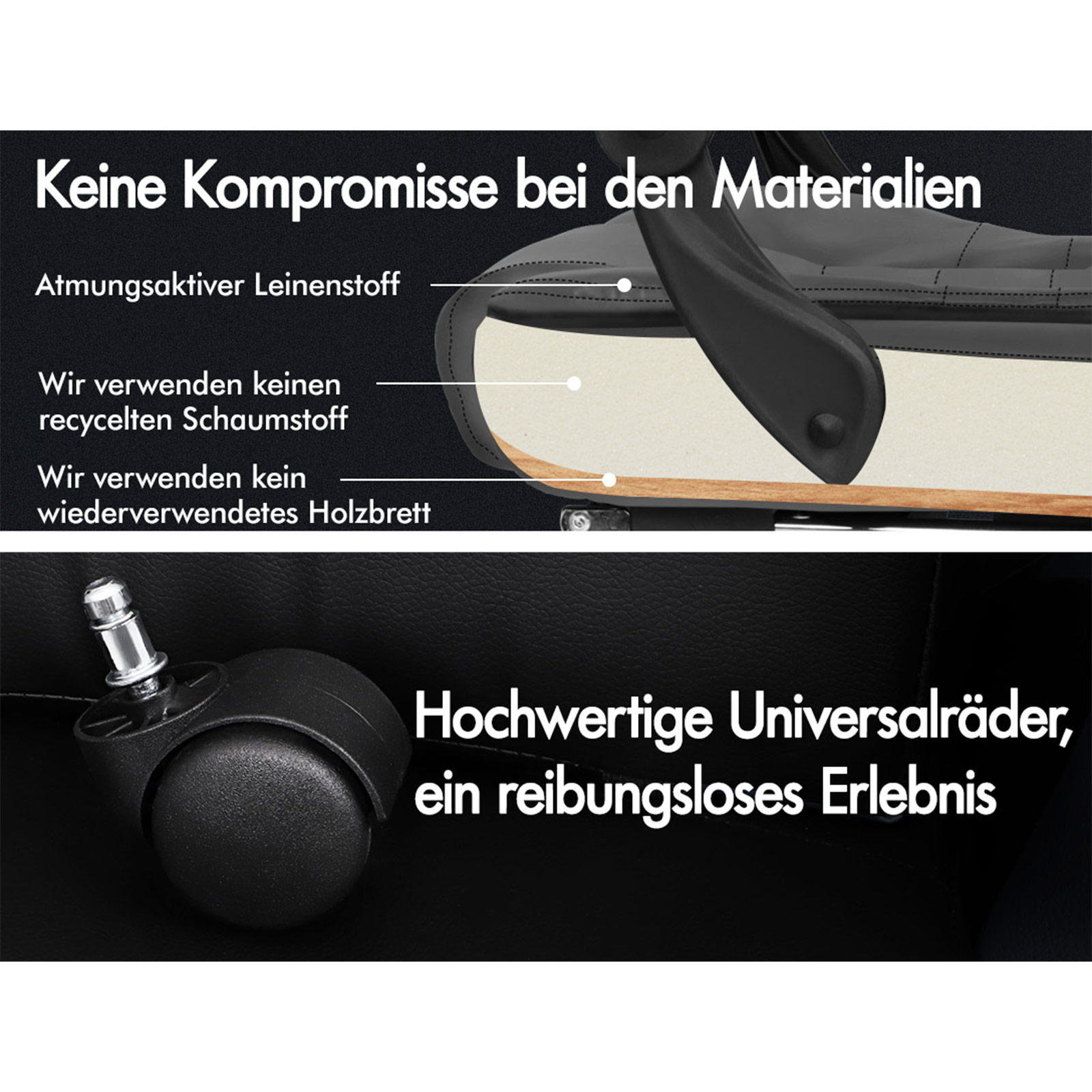 Das Bild zeigt Stuhlteile. Text weist auf hochwertige Materialien hin: atmungsaktives Leinen, kein recycelter Schaumstoff, kein wiederverwendetes Holz und sanfte Rollen.
