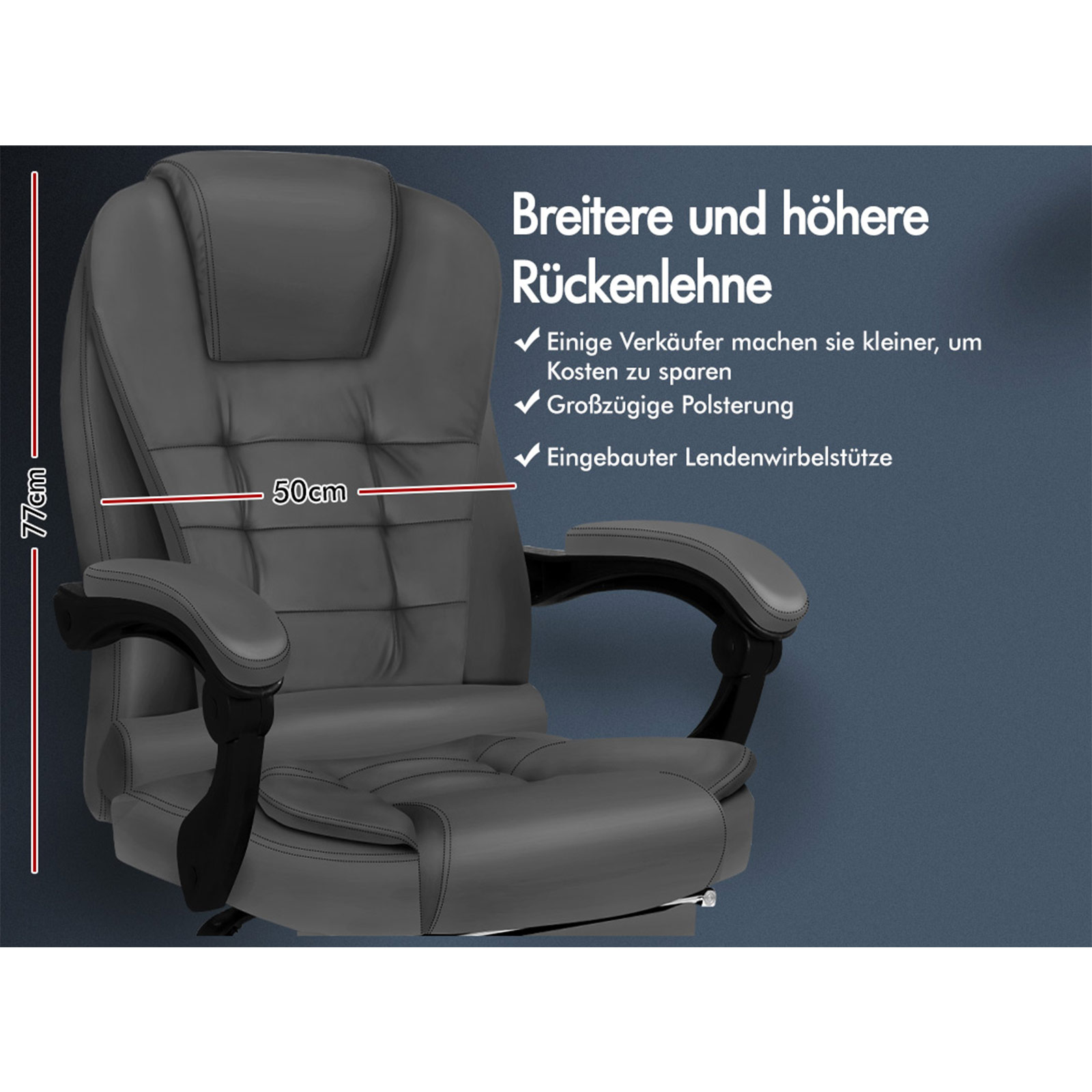 Ein grauer Bürostuhl mit Kopfstütze, Armlehnen und Lendenwirbelstütze. Die Maße sind beschriftet: 77 cm Höhe und 50 cm Breite.
