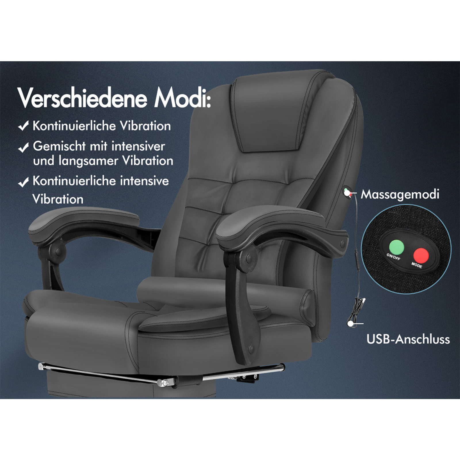 Ein grauer Massagesessel mit Bedienfeld und USB-Anschluss. Text zeigt verschiedene Vibrationsmodi. Der Hintergrund ist dunkelblau.