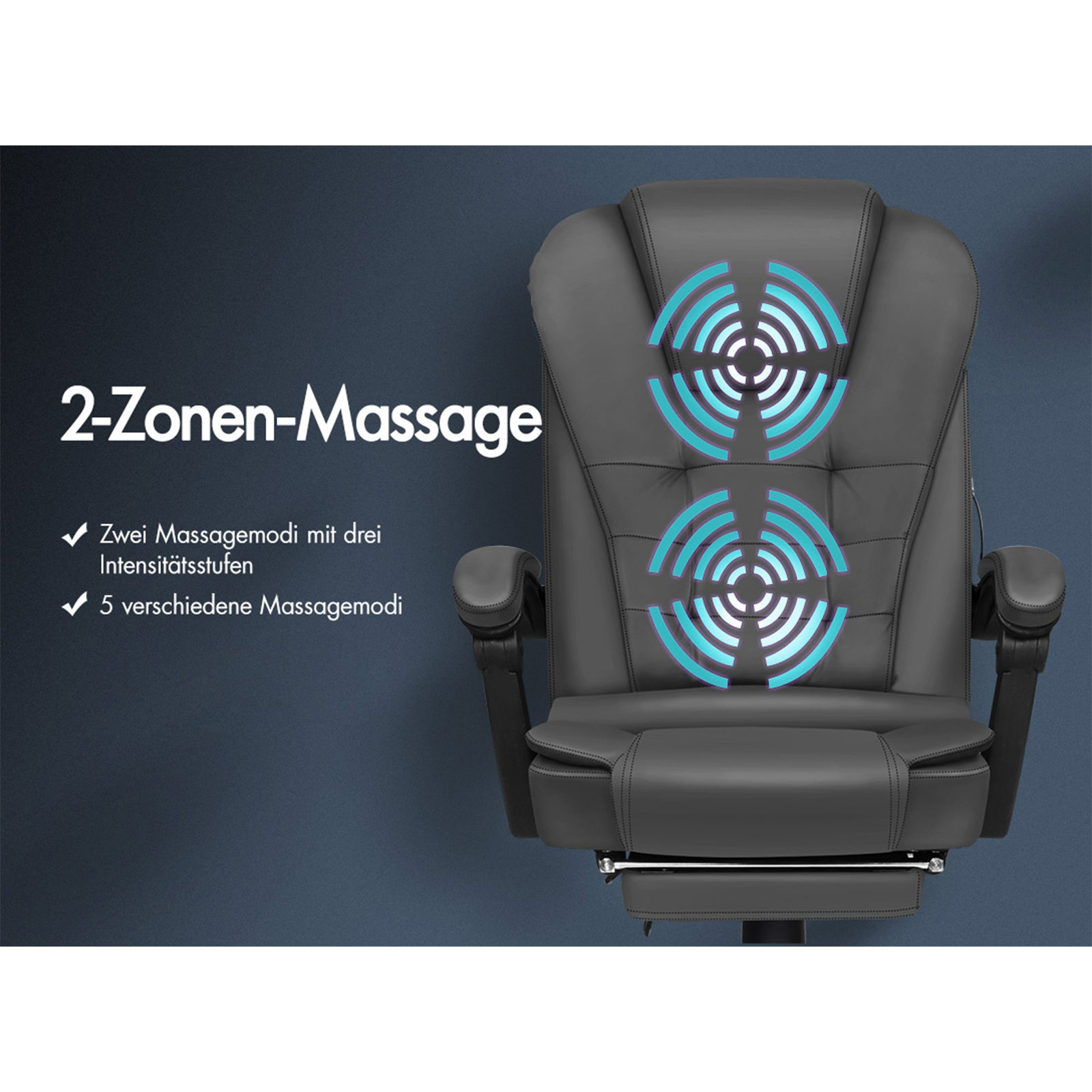 Grauer Massagesessel mit blauen Massagezonenanzeigen. Text zeigt Massagefunktionen. Schwarzer Hintergrund.