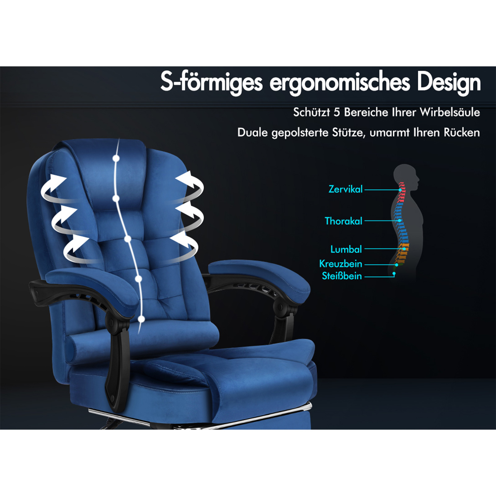 Blauer ergonomischer Stuhl mit Kopf- und Armlehnen. Diagramm der Wirbelsäule rechts.