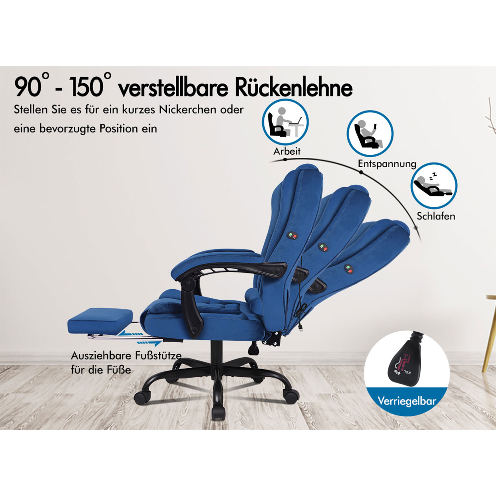 Blauer verstellbarer Stuhl mit Fußstütze. Zeigt Liegepositionen für Arbeit, Entspannung und Schlaf. Mit Verriegelung und Fußstütze.