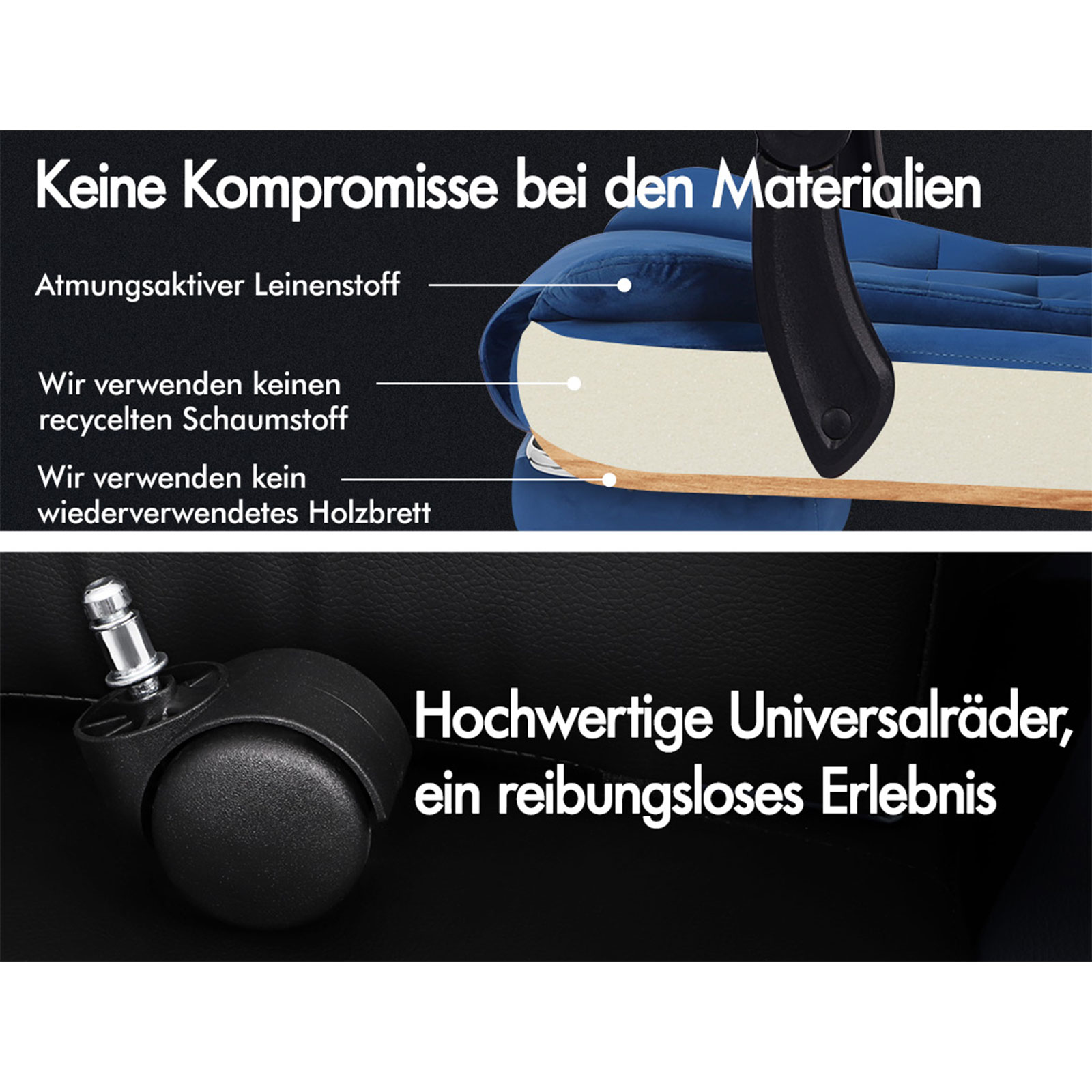Bild zeigt Stuhlmaterialien: atmungsaktives Leinen, Vermeidung von recyceltem Schaumstoff und kein wiederverwendetes Holz. Hochwertige Rollen.