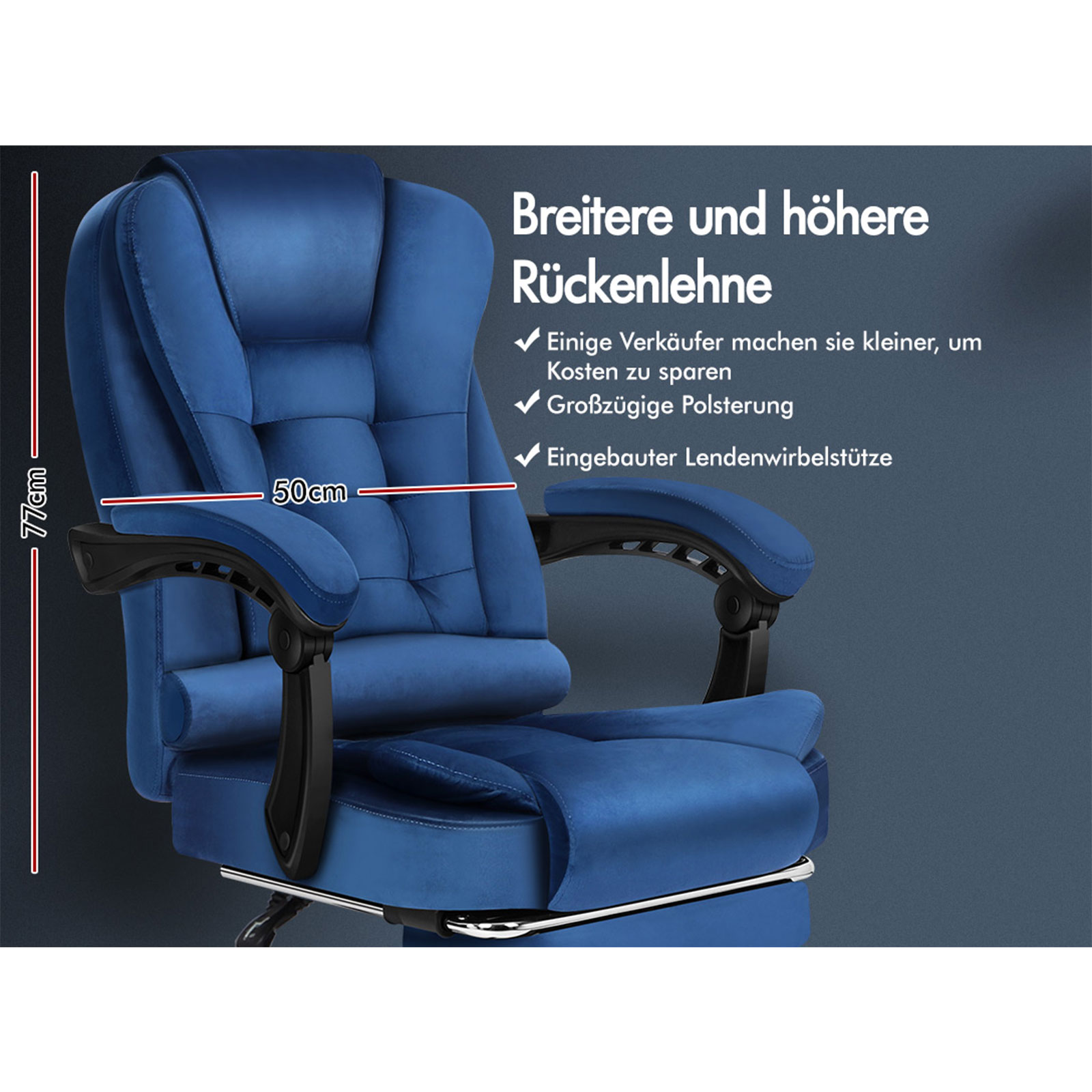 Blauer Bürostuhl mit Abmessungen. Text: breitere und höhere Rückenlehne, großzügige Polsterung, Lendenwirbelstütze.