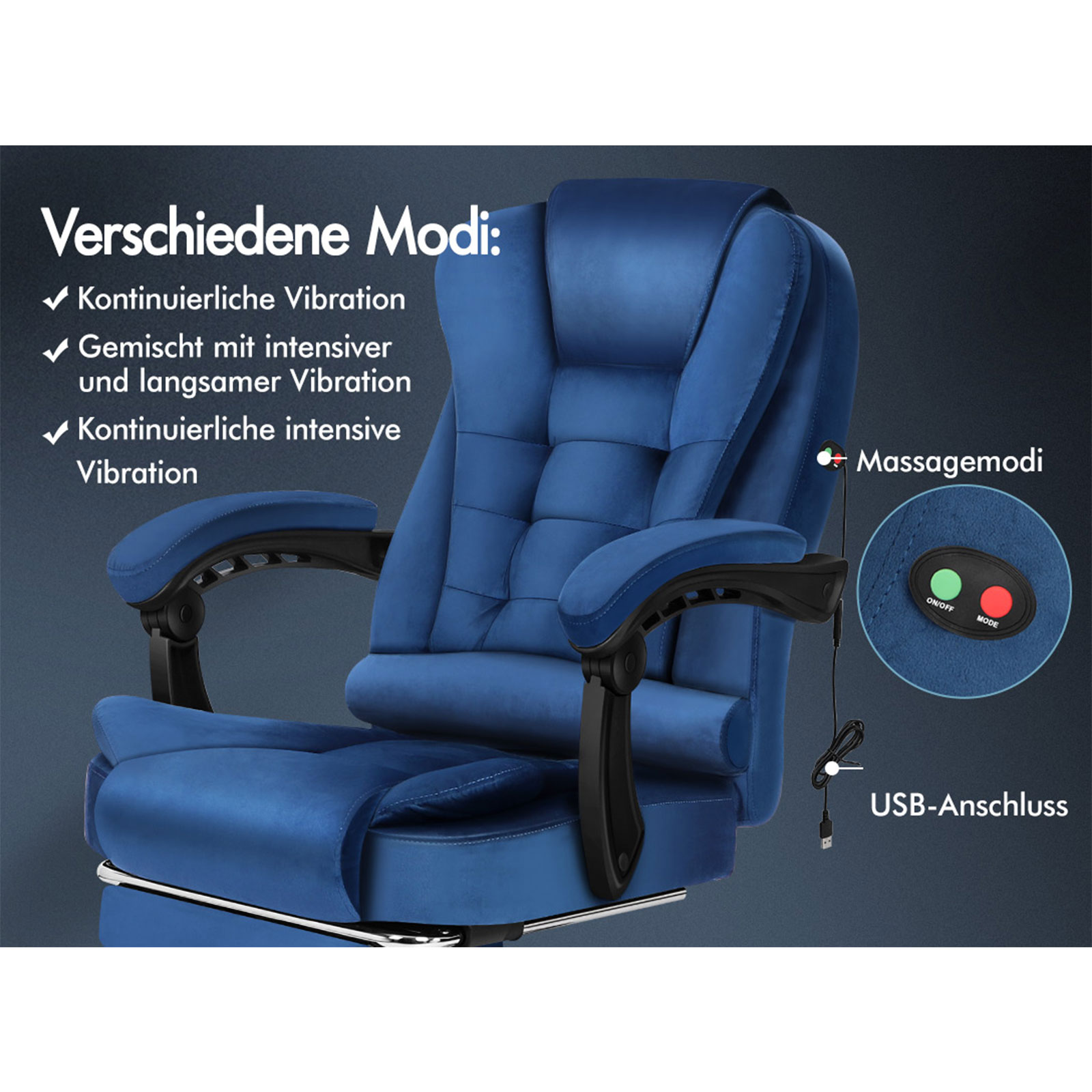 Blauer Massagestuhl. Merkmale sind Ein-/Aus- und Modus-Tasten sowie ein USB-Anschluss. Text hebt Massagemodi hervor.