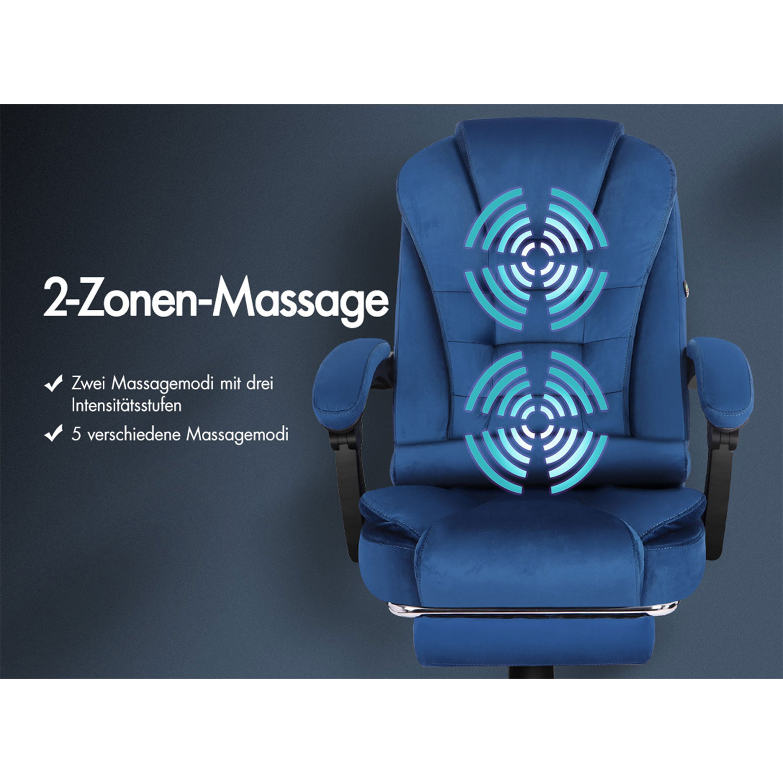 Blauer Massagestuhl mit leuchtendem Massagezonen-Symbol. Text: 2-Zonen-Massage, Massagemodi und Intensitätsstufen.