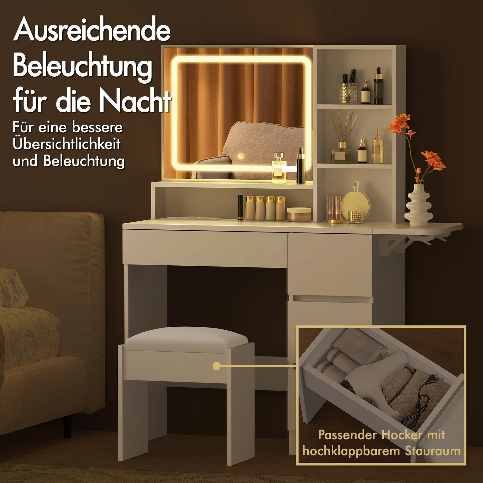Ein weißer Schminktisch mit beleuchtetem Spiegel. Er hat einen Hocker und eine Schublade mit Stauraum.