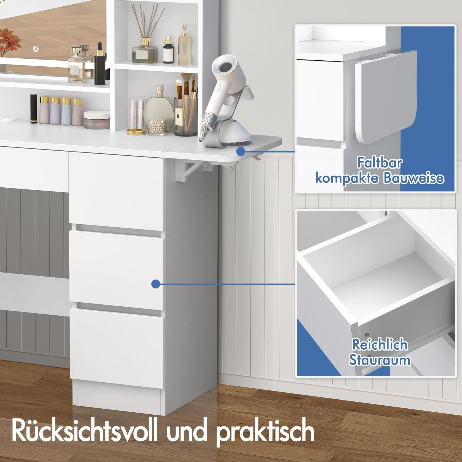 Ein weißer Waschtisch mit Schubladen, einem ausklappbaren Tisch und Regalen mit Schönheitsprodukten. Details zu Stauraum und Platz.