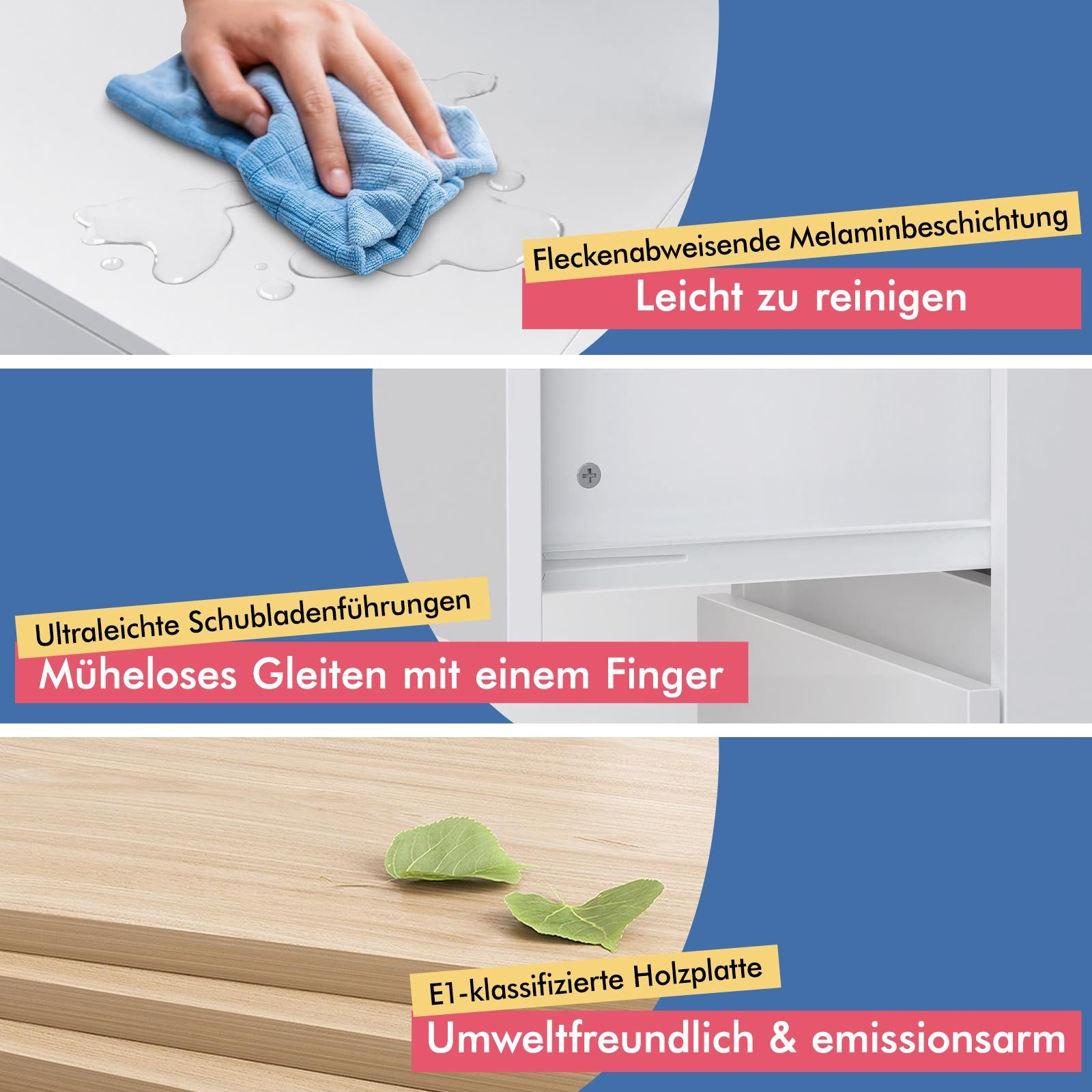 Eine Hand wischt eine weiße Oberfläche mit einem blauen Tuch ab. Text hebt schmutzabweisende Beschichtung und einfache Reinigung hervor.