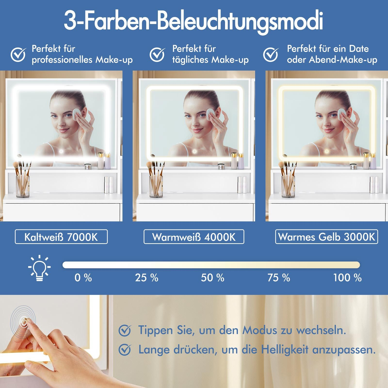 Drei beleuchtete Make-up-Spiegel mit verschiedenen Lichteinstellungen. Eine Frau trägt Make-up auf. Text erklärt die Lichtmodi.
