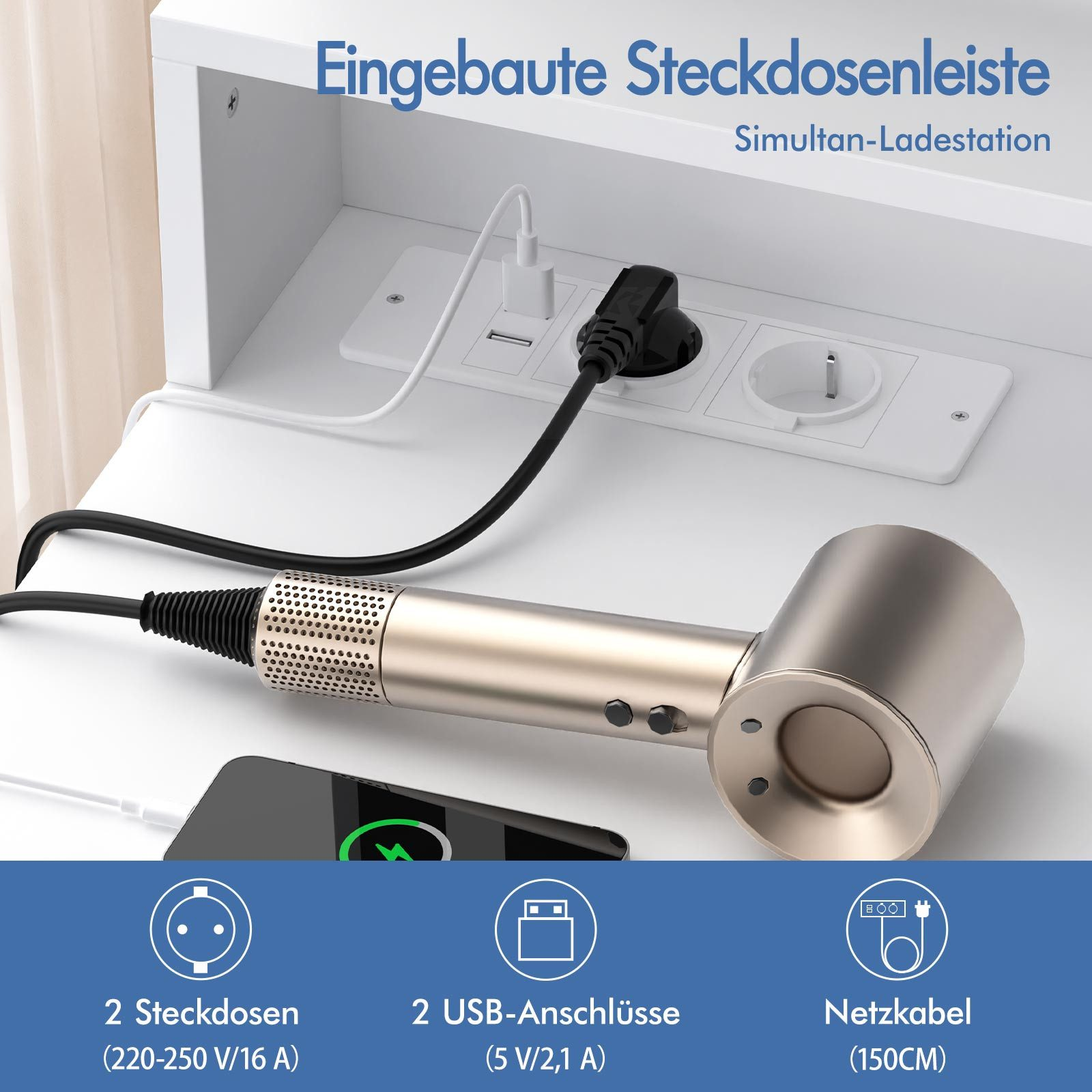Eine weiße Steckdosenleiste mit USB-Anschlüssen. Ein Haartrockner ist eingesteckt. Ein Telefon wird geladen.