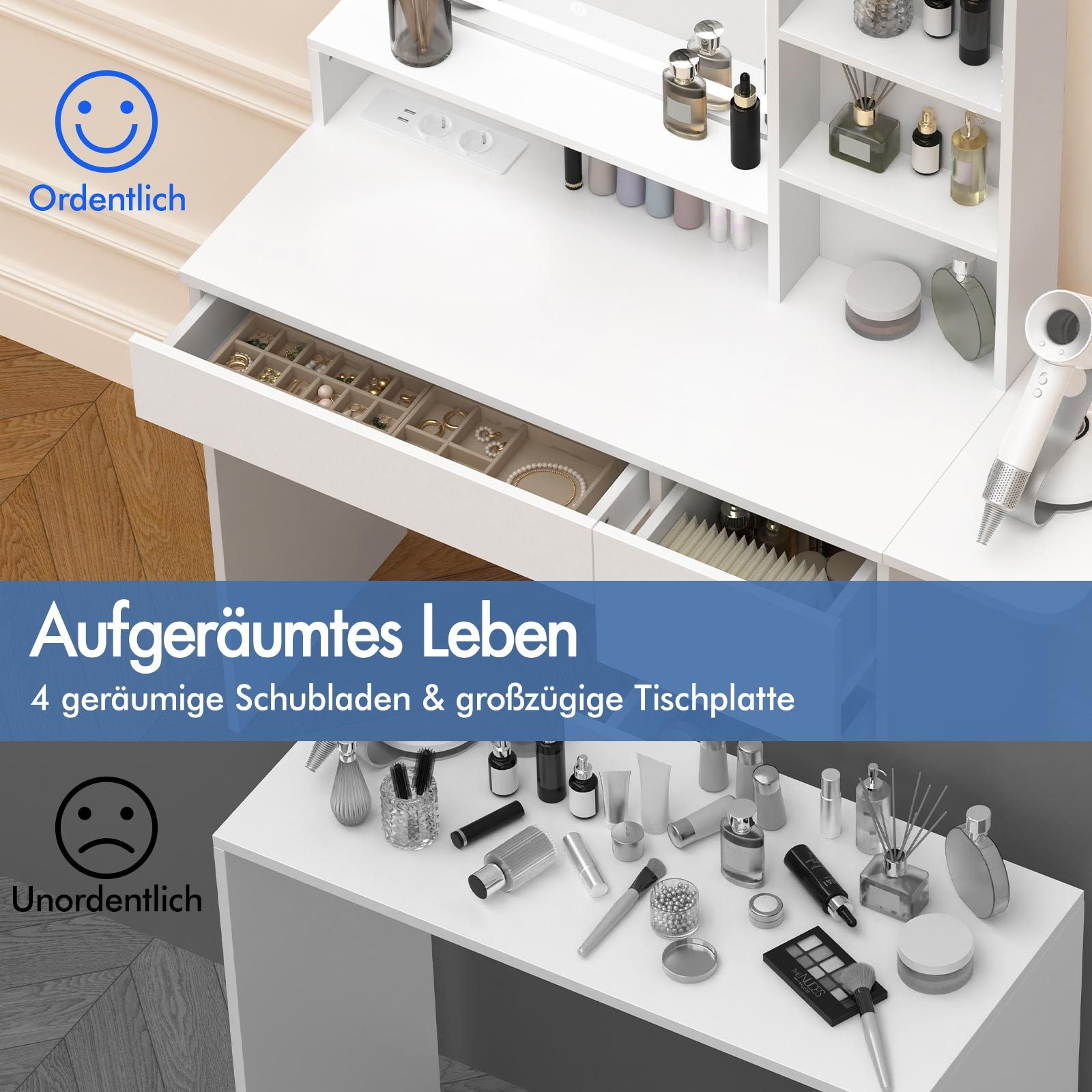 Weißer Schminktisch mit Schubladen, Accessoires und Kosmetika. Text: Aufgeräumtes Leben, 4 geräumige Schubladen & großzügige Tischplatte.