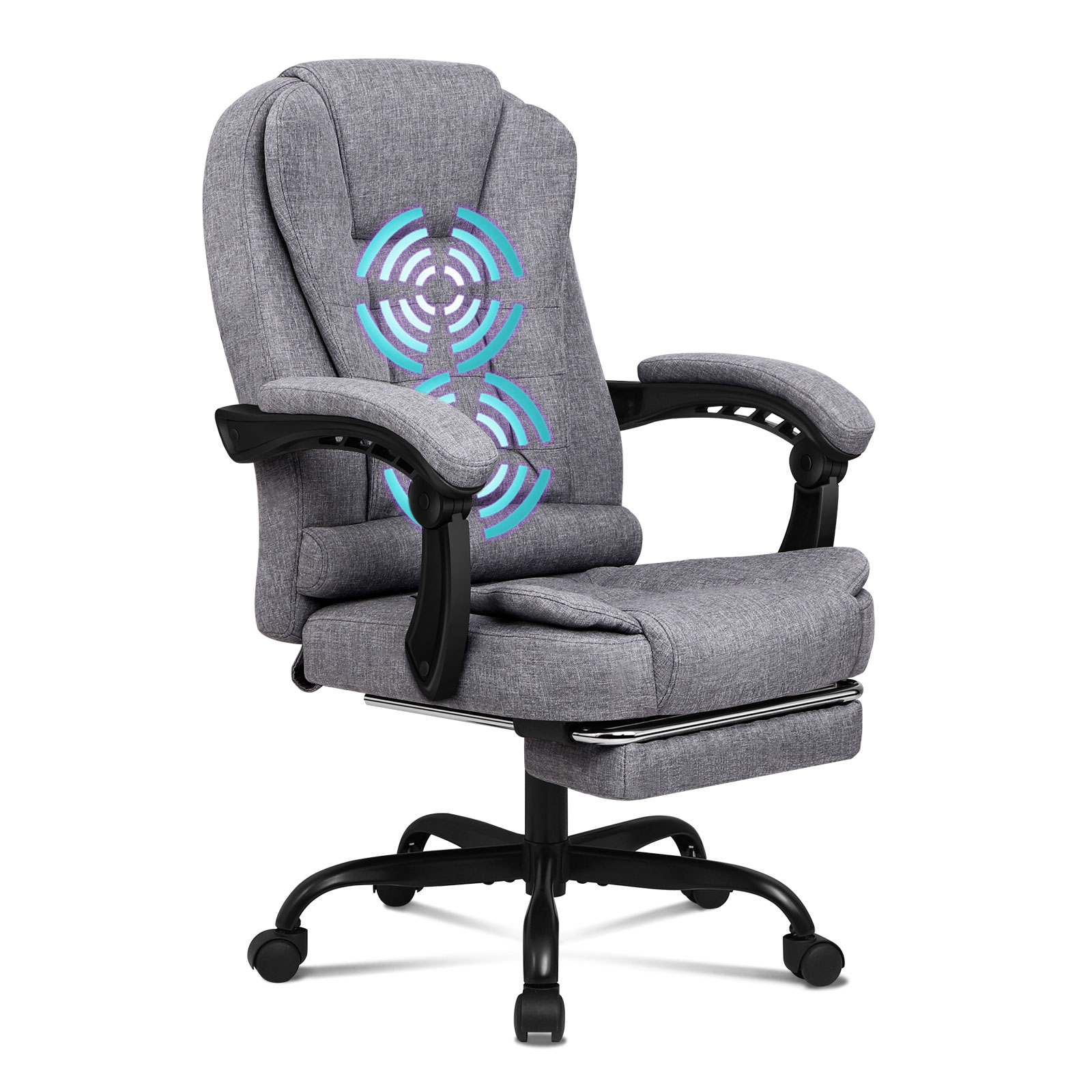 Grauer ergonomischer Bürostuhl mit schwarzen Armlehnen, Gestell und Rollen. Hat eine Fußstütze. Ein visueller Effekt ist vorhanden.