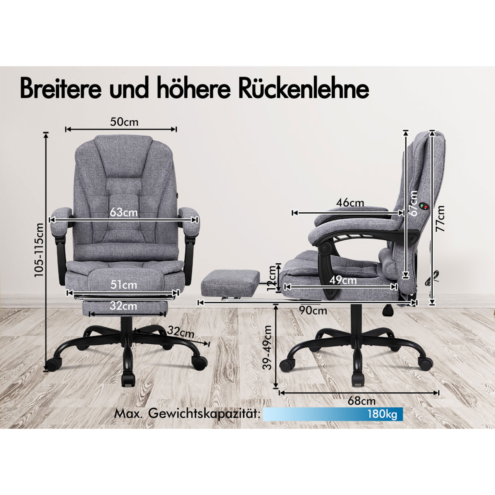Das Bild zeigt einen Bürostuhl und eine Fußstütze. Abmessungen werden angezeigt. Text: Breitere und höhere Rückenlehne, max. 180 kg.