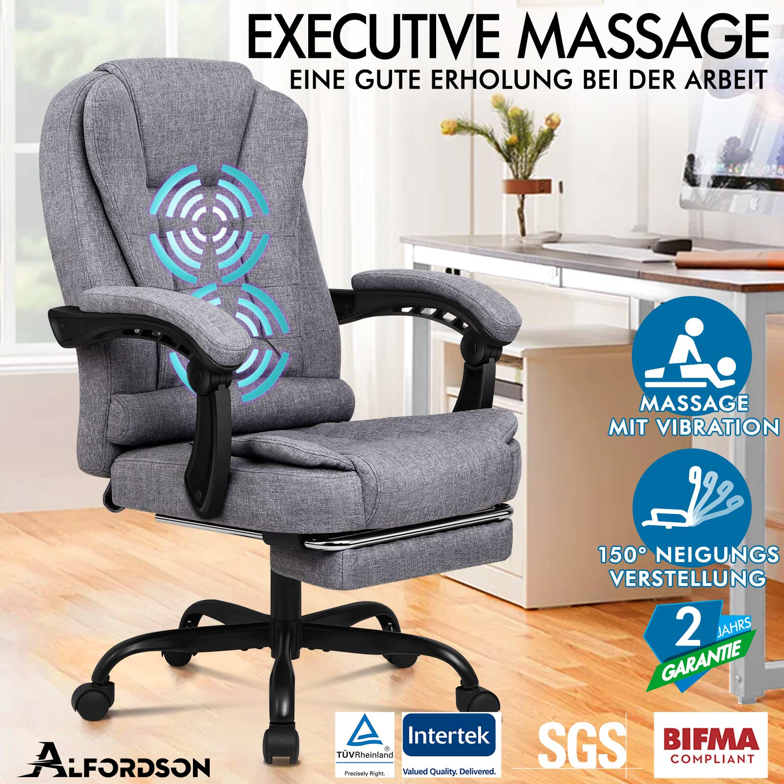 Grauer Massagesessel. Merkmale: Massage, 150° Neigung und 2 Jahre Garantie.