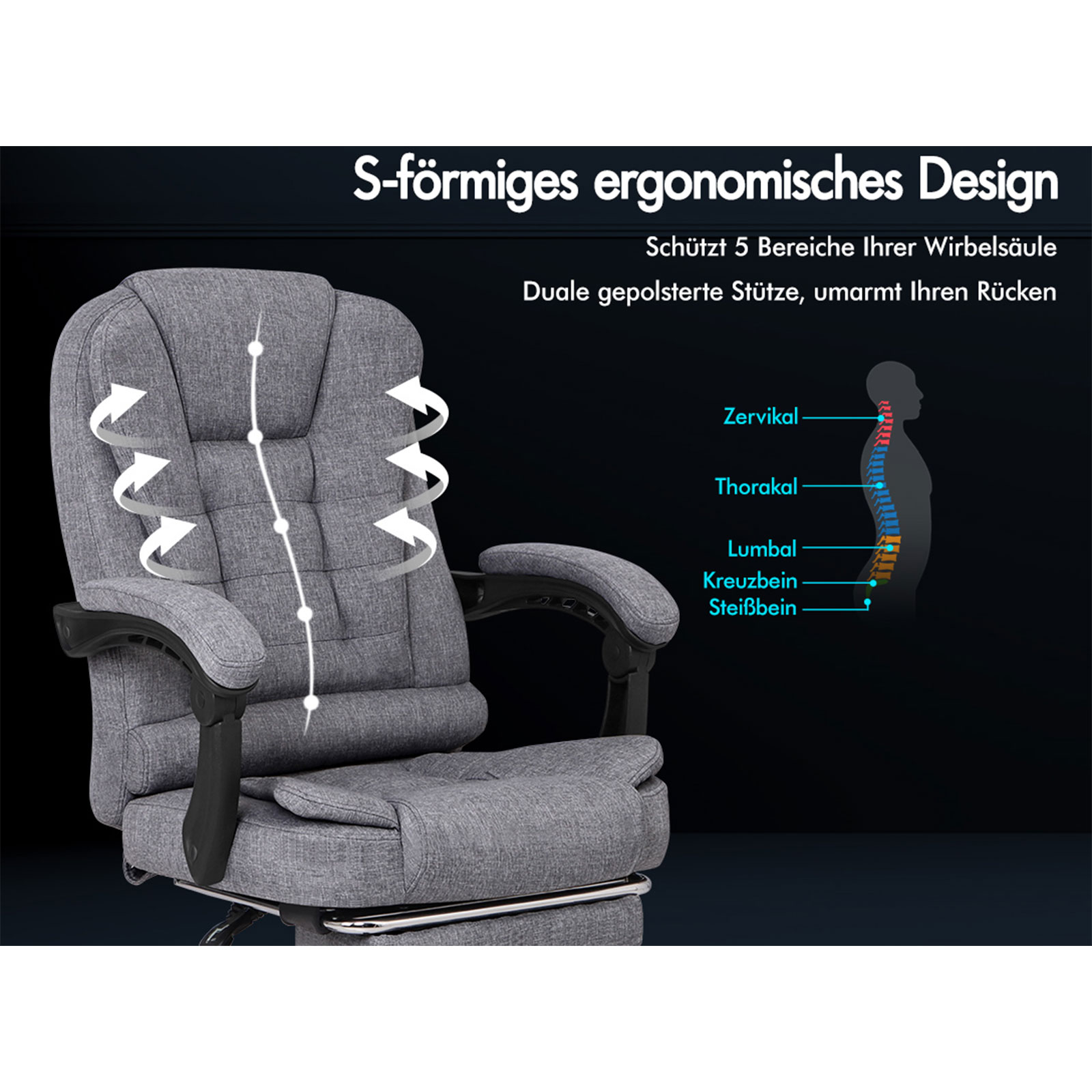 Ein grauer ergonomischer Bürostuhl mit Armlehnen wird gezeigt. Ein Diagramm zeigt Wirbelsäulenabschnitte. Text beschreibt Stuhlmerkmale.
