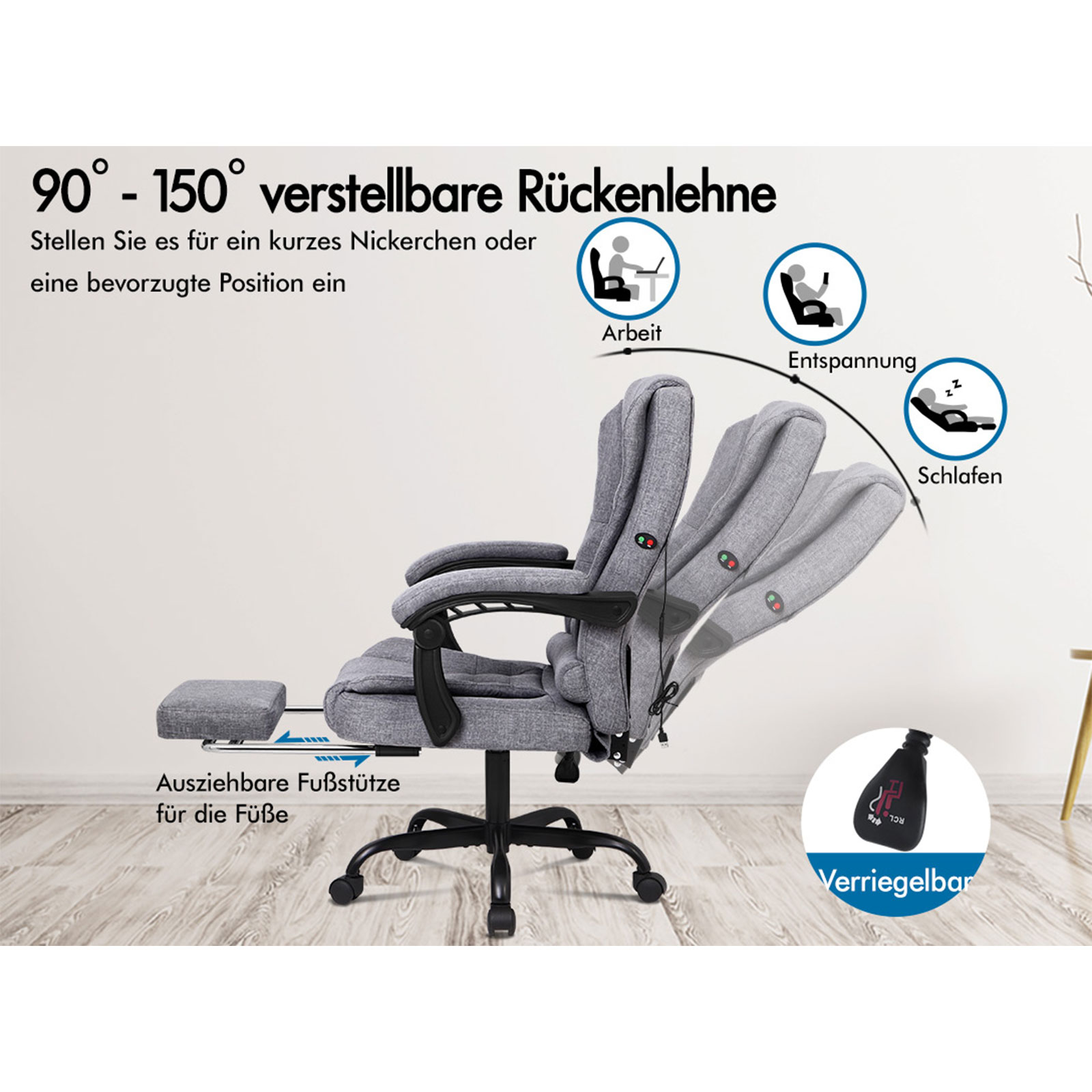 Grauer, verstellbarer Bürostuhl mit Fußstütze. Zeigt Liegepositionen für Arbeit, Entspannung und Schlaf. Text auf Deutsch.