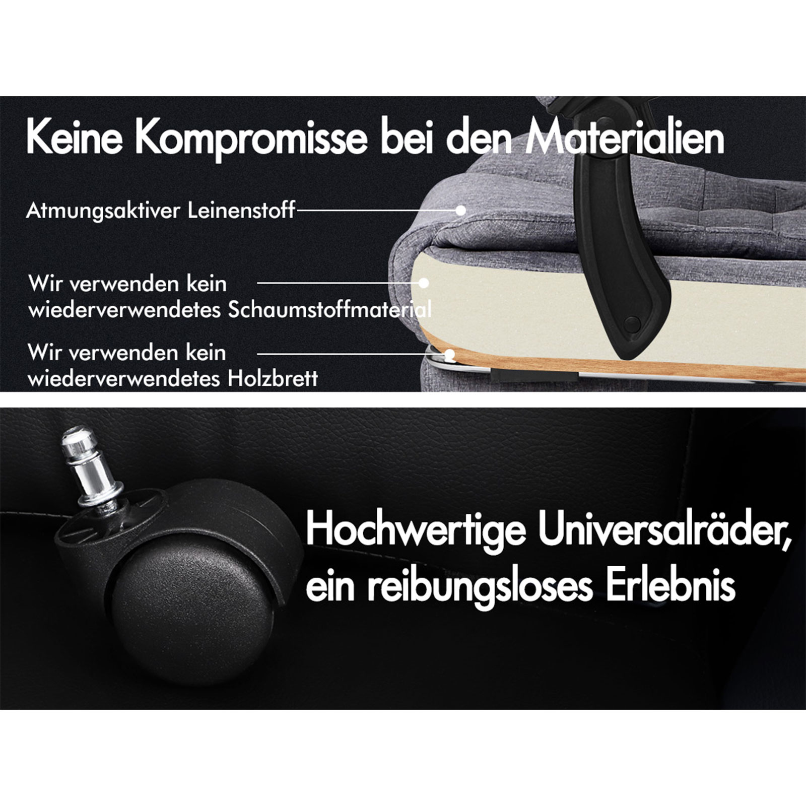 Das Bild zeigt Stuhlmaterialien: Leinenstoff, Schaumstoff und Holz. Außerdem ist ein Rad sichtbar. Text: Keine Kompromisse.