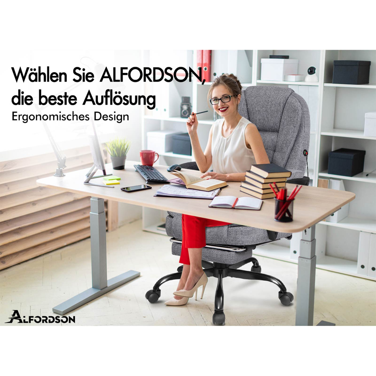 Frau mit Brille sitzt am Schreibtisch, hält einen Stift. Schreibtisch hat Computer, Bücher und Tasse. Grauer Stuhl. Text: ALFORDSON, Ergonomic Design.
