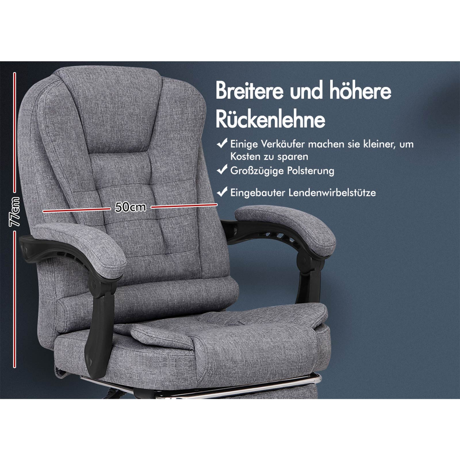 Grauer Bürostuhl mit Armlehnen, Maßen und Text über Funktionen auf blauem Hintergrund.