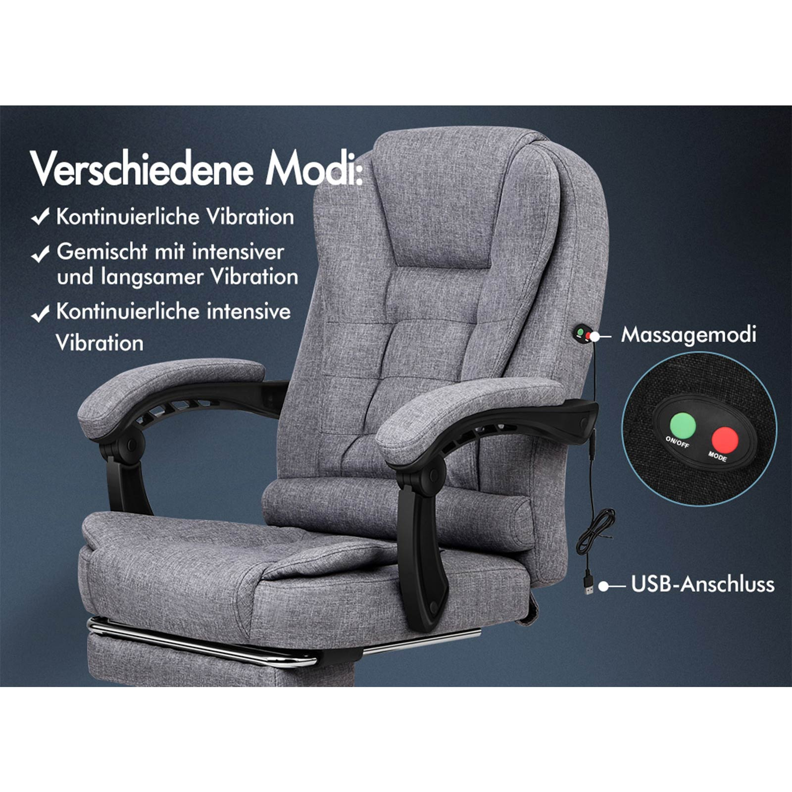 Grauer Massagestuhl mit schwarzen Armlehnen, einem Bedienfeld und einem USB-Anschluss. Text auf Deutsch.