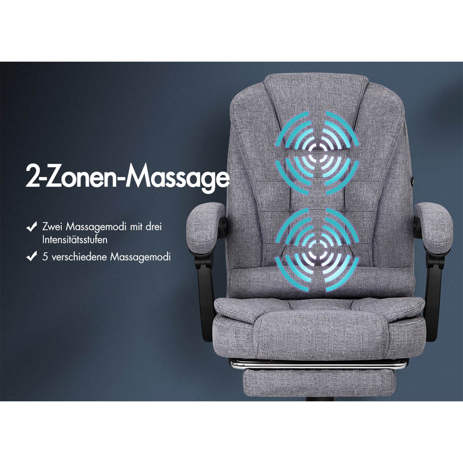 Ein grauer Massagestuhl mit blauen Massagezonenanzeigen. Text zeigt 2 Zonen und 5 Massagemodi.