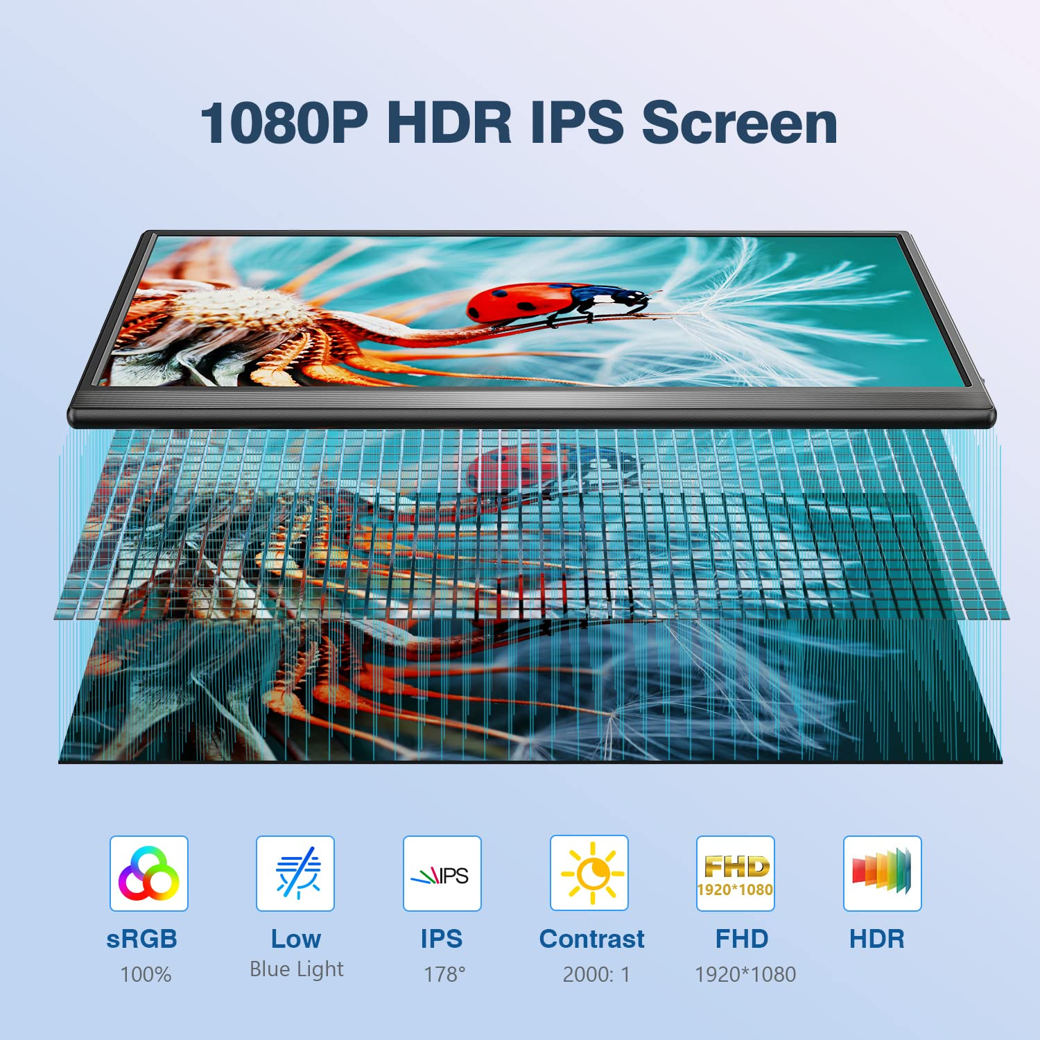 Ein Monitor mit Funktionen: 1080P HDR IPS-Bildschirm, sRGB, wenig blaues Licht, IPS, Kontrast, FHD und HDR. Bild hat einen Marienkäfer.