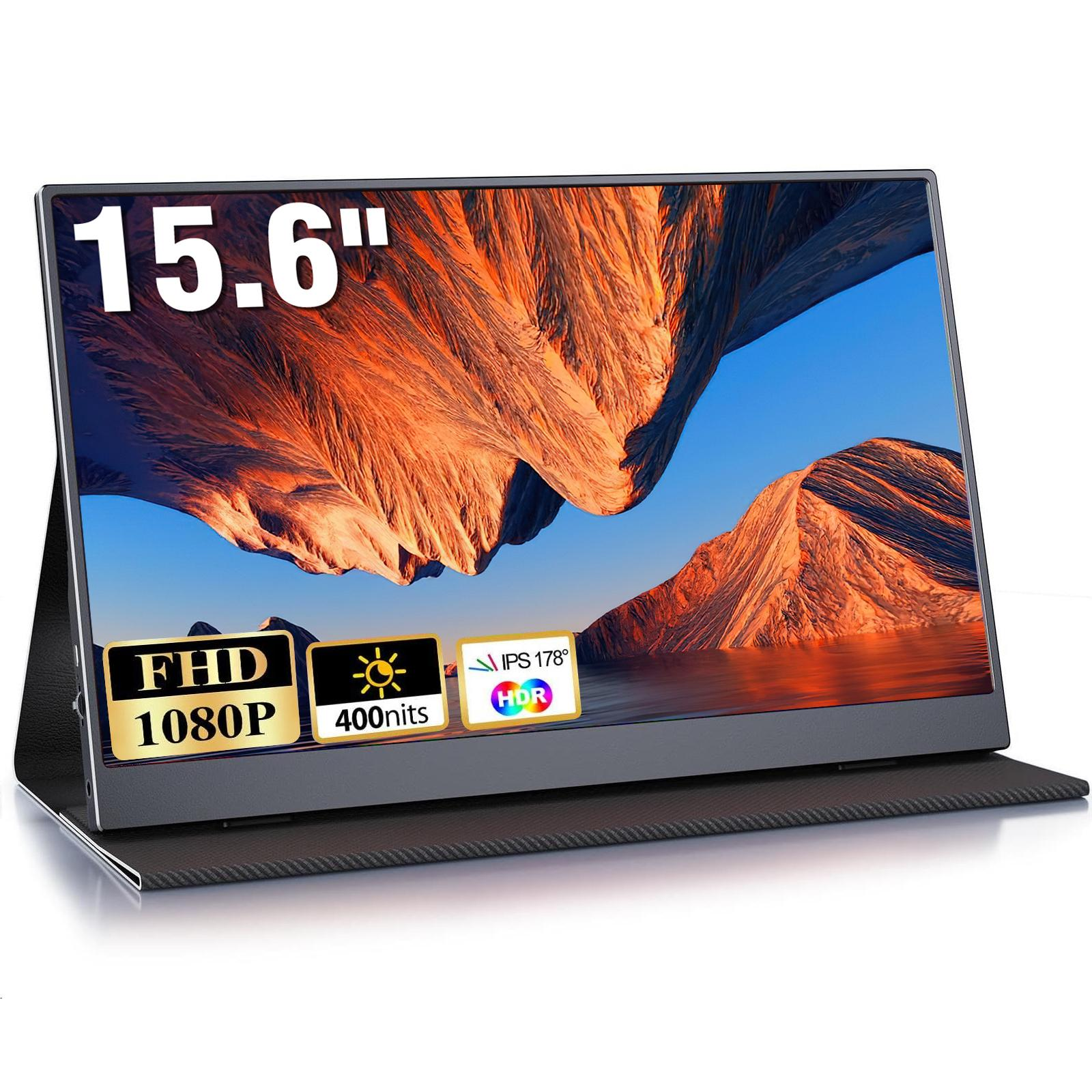 Ein 15,6-Zoll-Monitor zeigt eine Berglandschaft. Merkmale sind FHD 1080P, 400 Nits und HDR. Der Monitor befindet sich in einem dunklen Gehäuse.