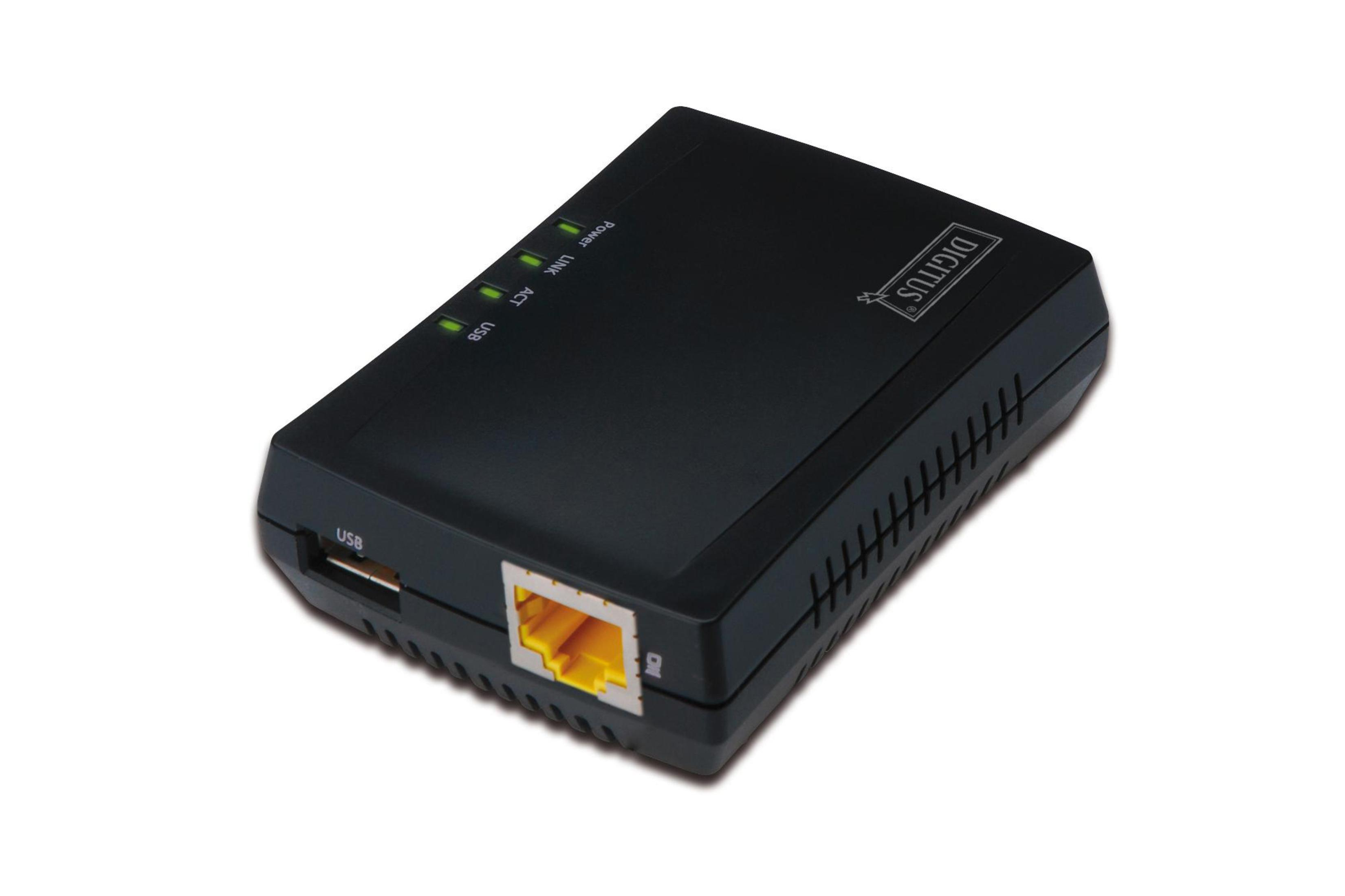 Schwarzes Netzwerkgerät mit grünen Lichtern. Hat USB- und Ethernet-Anschlüsse. Weißer Hintergrund.
