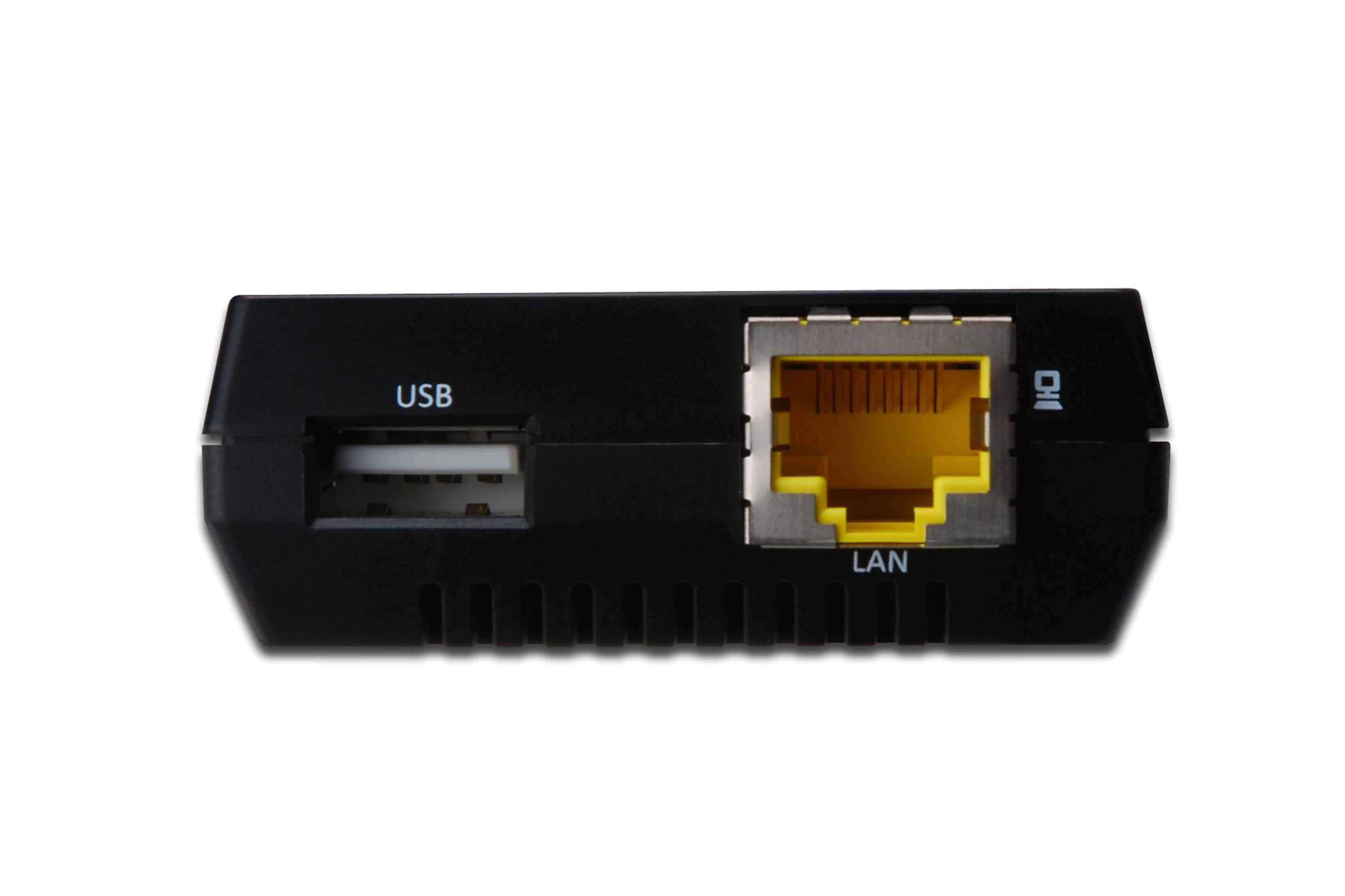 Schwarzes Netzwerkgerät mit USB- und LAN-Anschlüssen. Gelber LAN-Port, weißer Hintergrund.