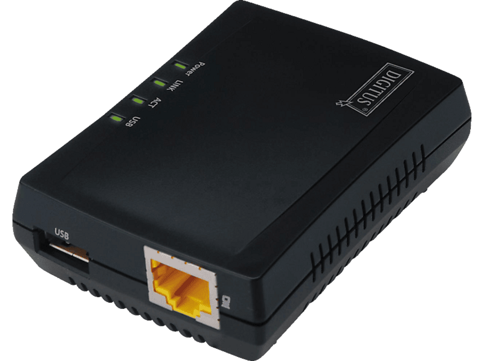 Ein schwarzer Digitus-Netzwerkadapter. Er hat USB-, Ethernet-Anschlüsse und Kontrollleuchten.