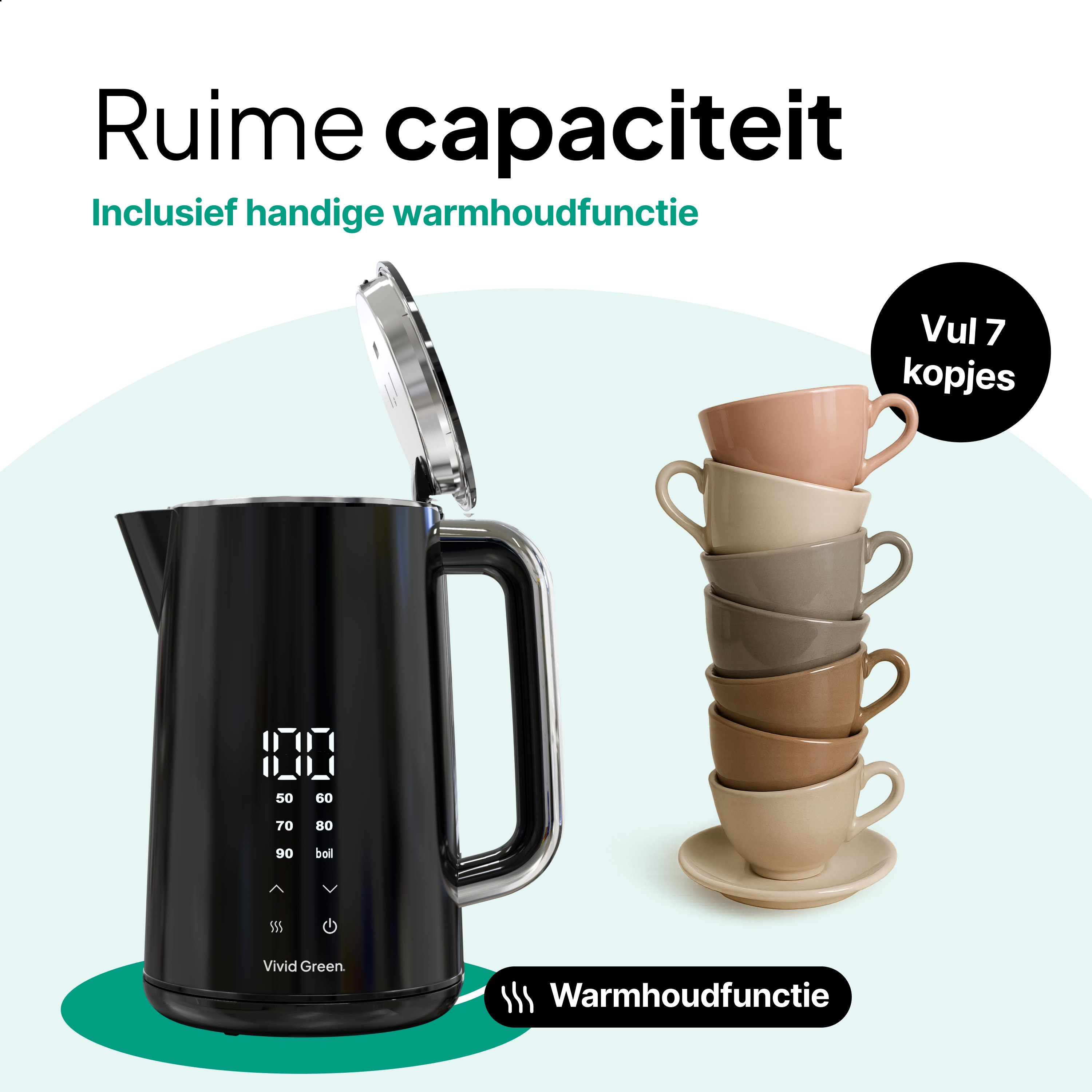 Zwarte waterkoker met open deksel, stapel kopjes en Nederlandse tekst: Ruime capaciteit. Inclusief warmhoudfunctie.