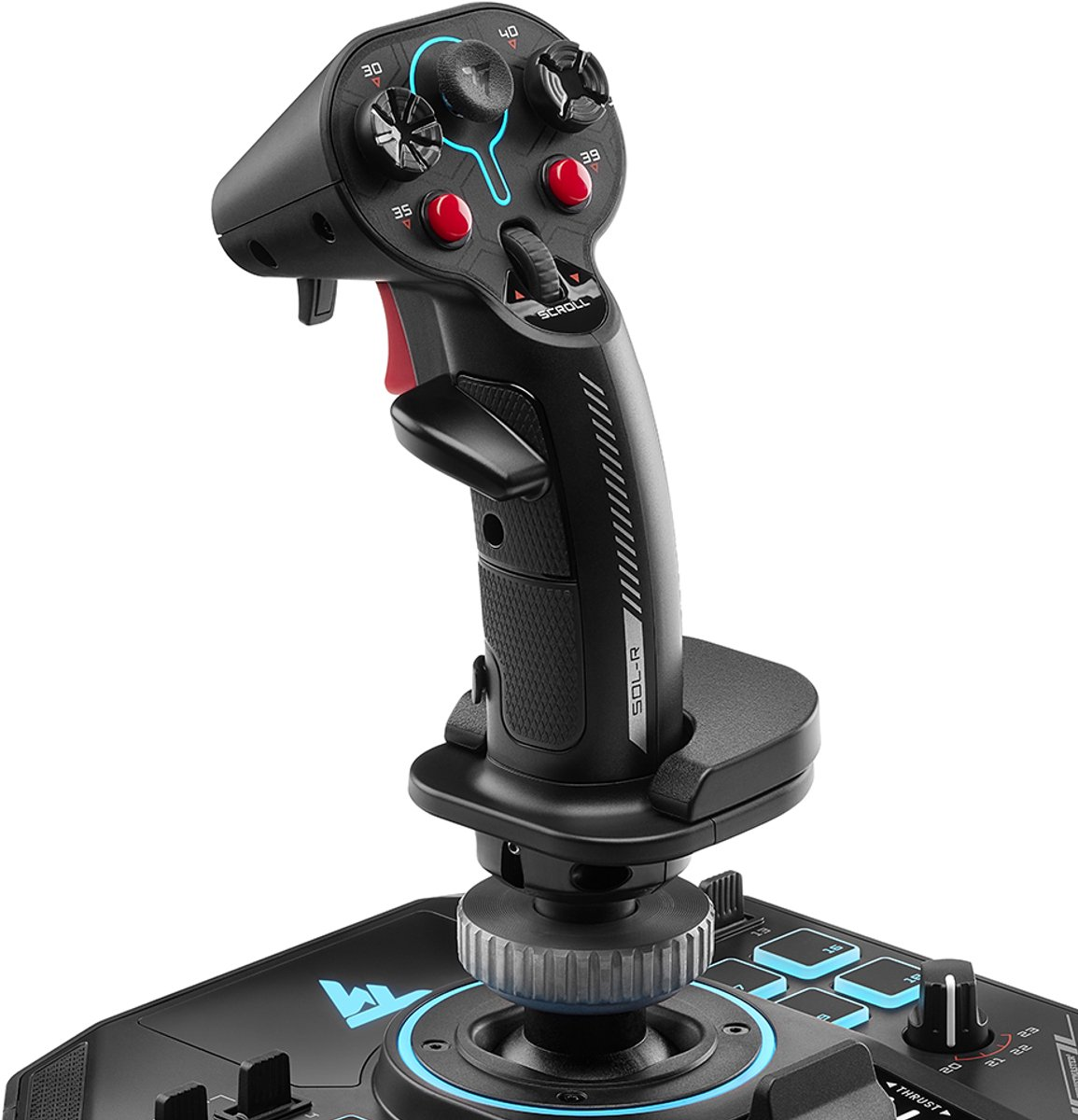 Un joystick nero e rosso, con pulsanti e un'impugnatura. Si trova su una base nera con luci blu.