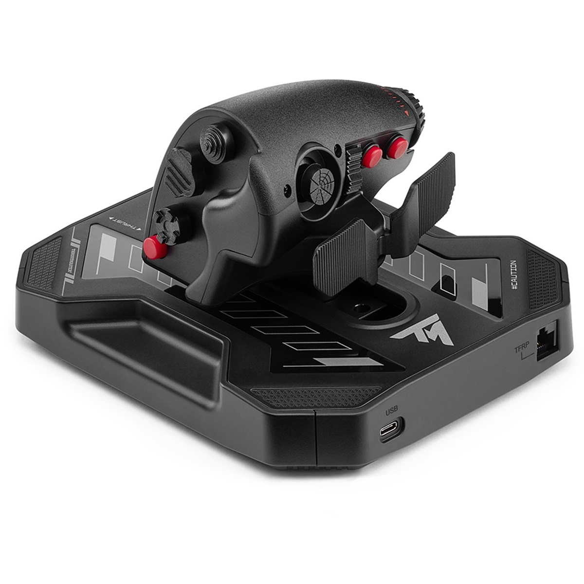 Un joystick nero per simulatore di volo con pulsanti rossi, su una base nera. La base ha etichette e una porta USB.