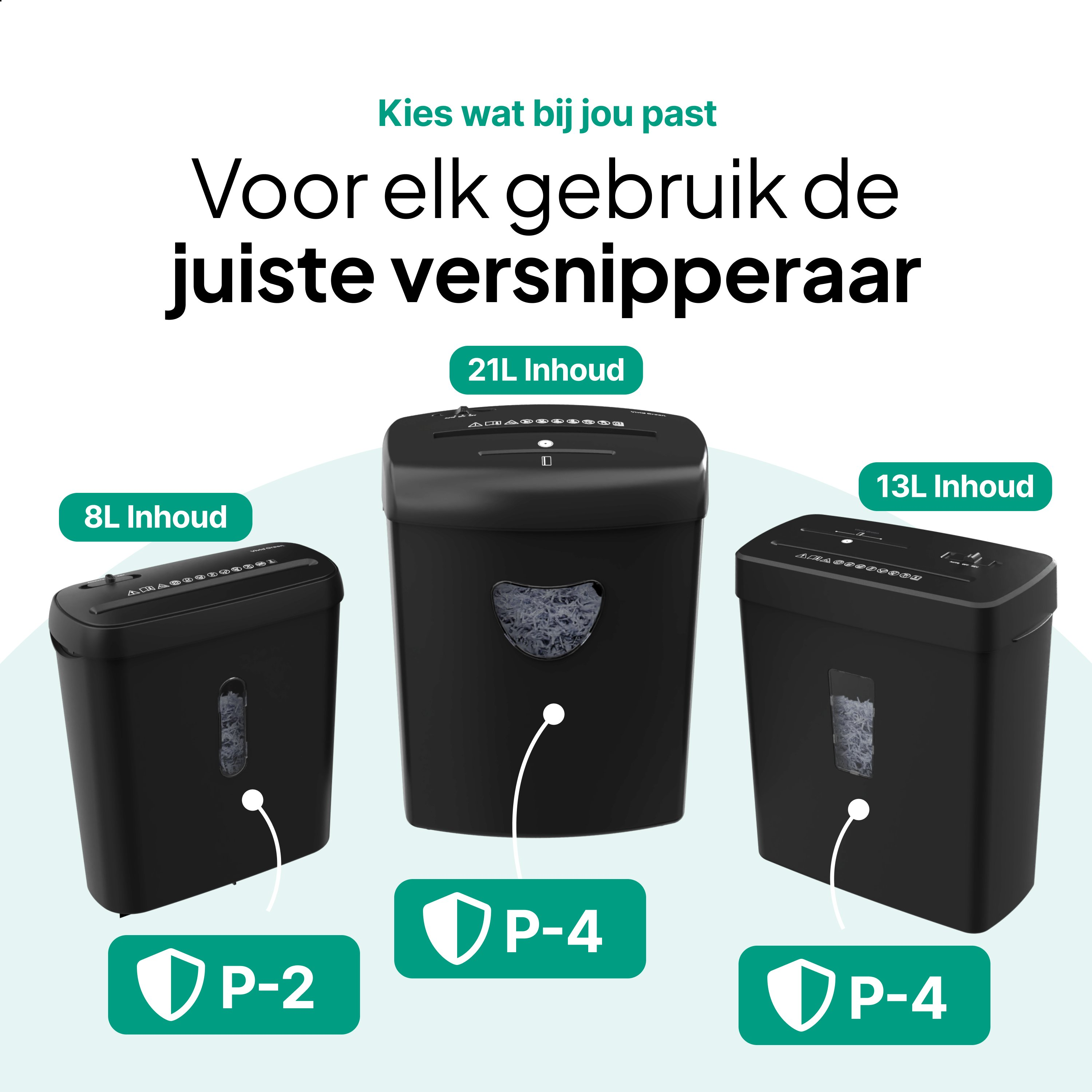 Three black paper shredders with different capacities are shown. Each has a label with a capacity. The background is light blue.