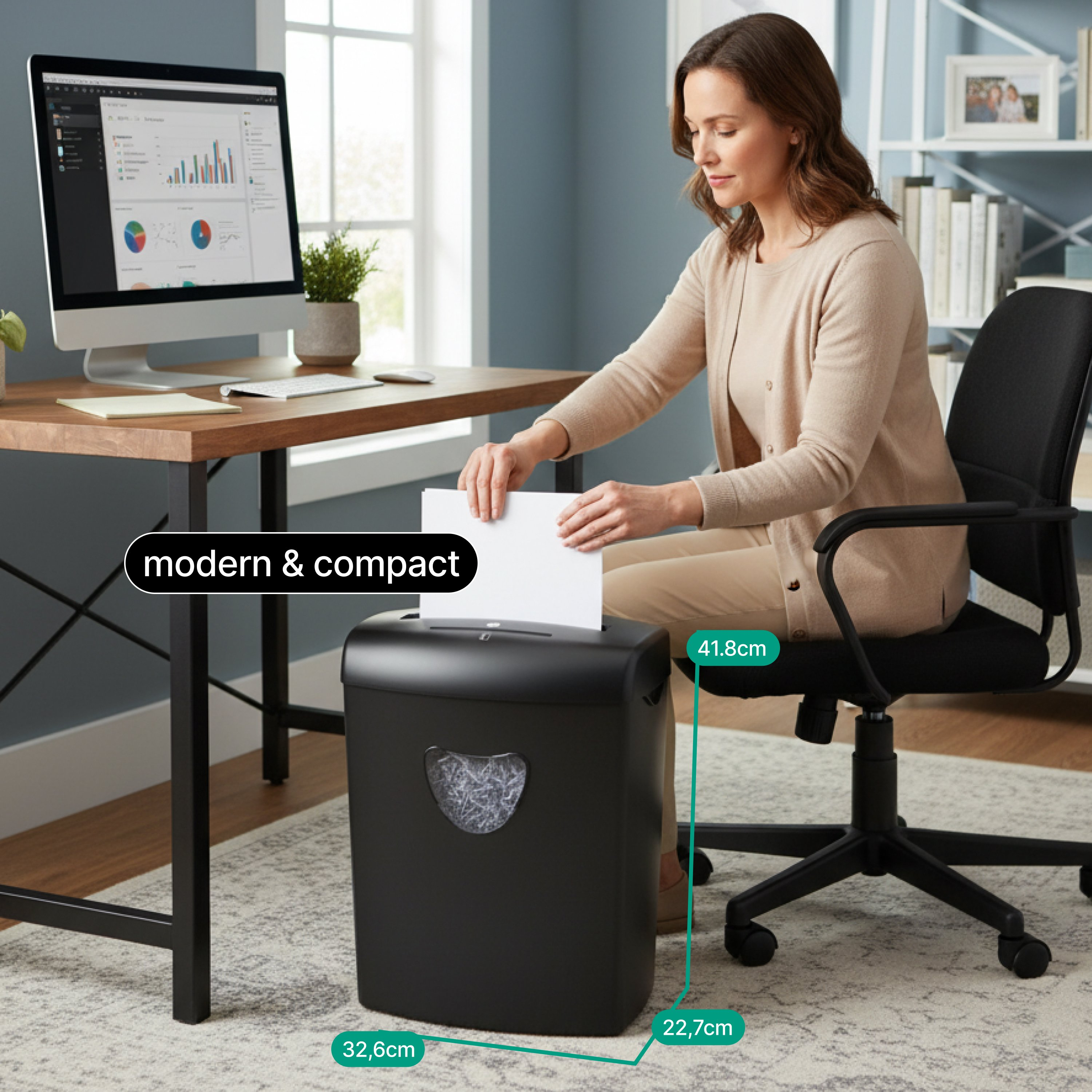 A woman shreds paper into a black shredder. A desk with a computer and a chair are also in the room.