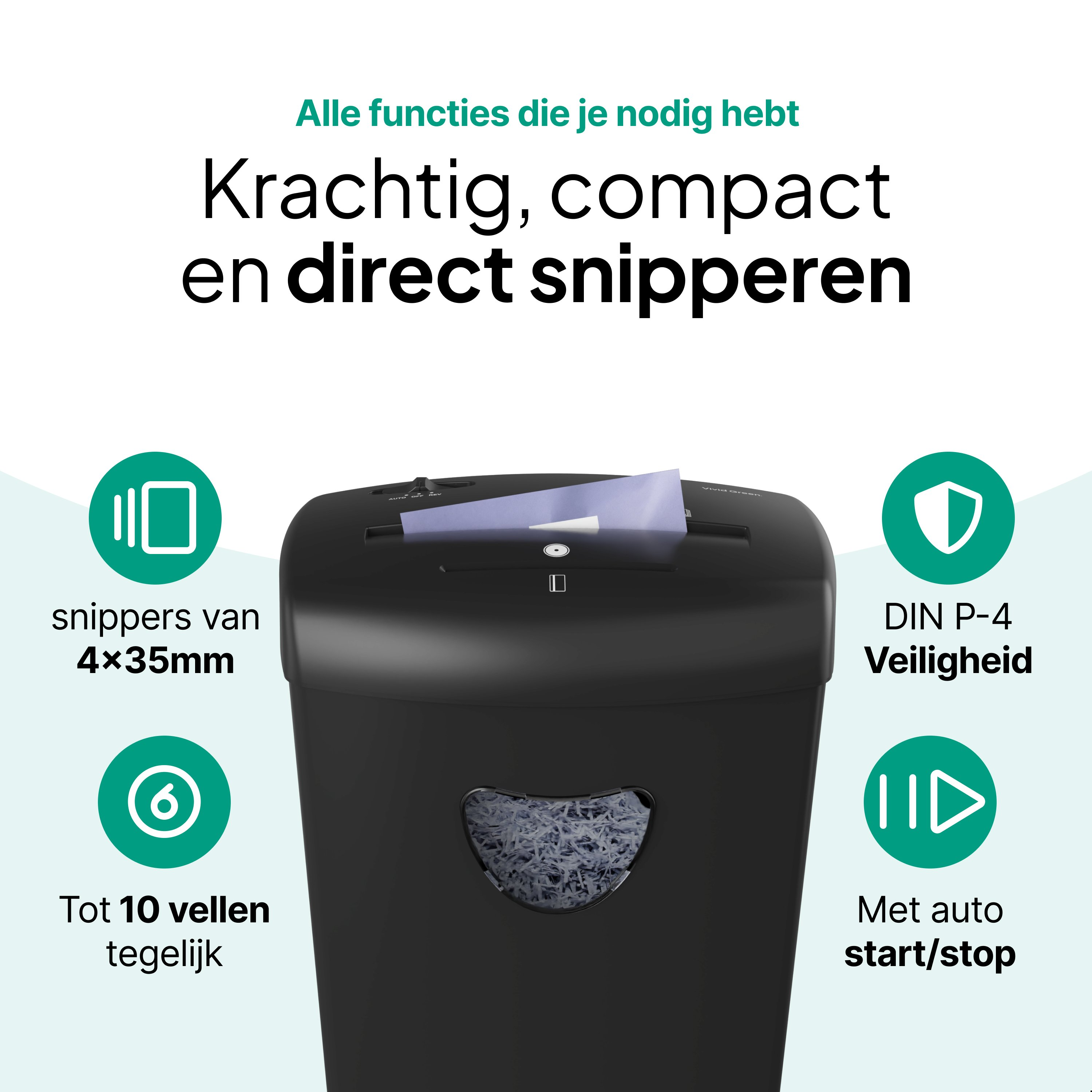 Black paper shredder with text describing its functions. Features include 4x35mm shredding, safety, and auto start/stop.