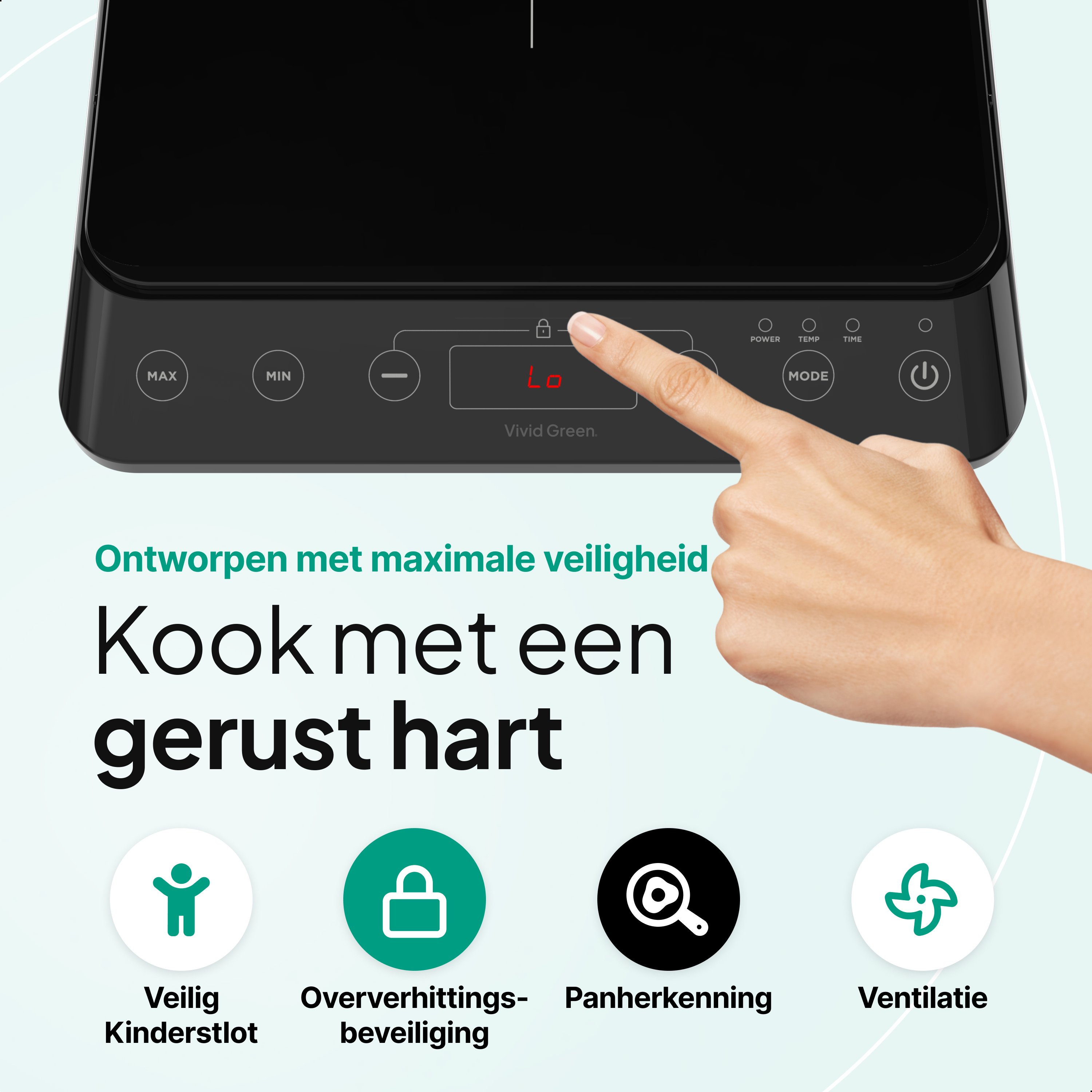 A hand touches a black induction cooktop control panel. Text says: safe, child lock, overheat protection, pan recognition, and ventilation.