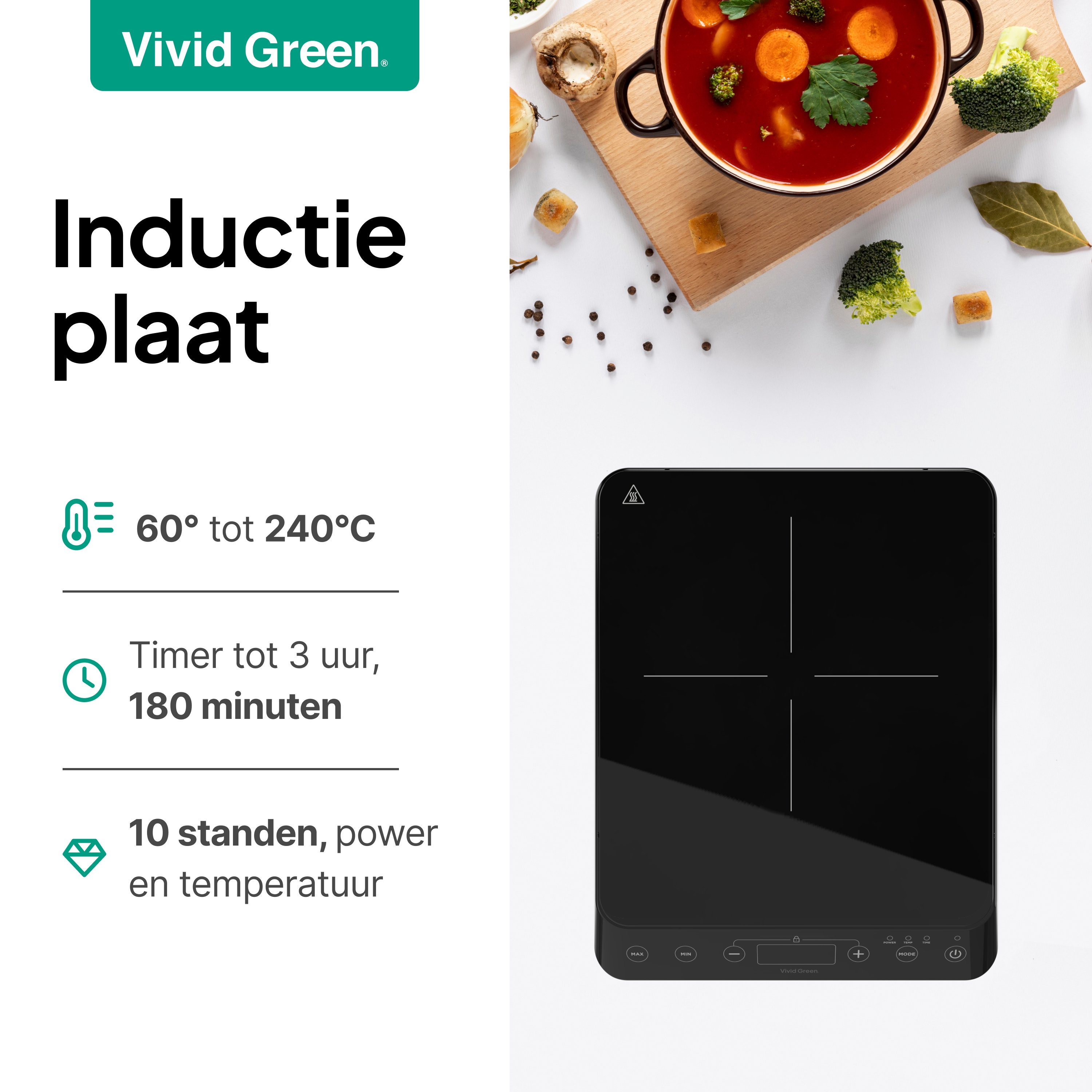 Black induction cooktop with a soup, vegetables, and text in Dutch. The cooktop has control buttons.