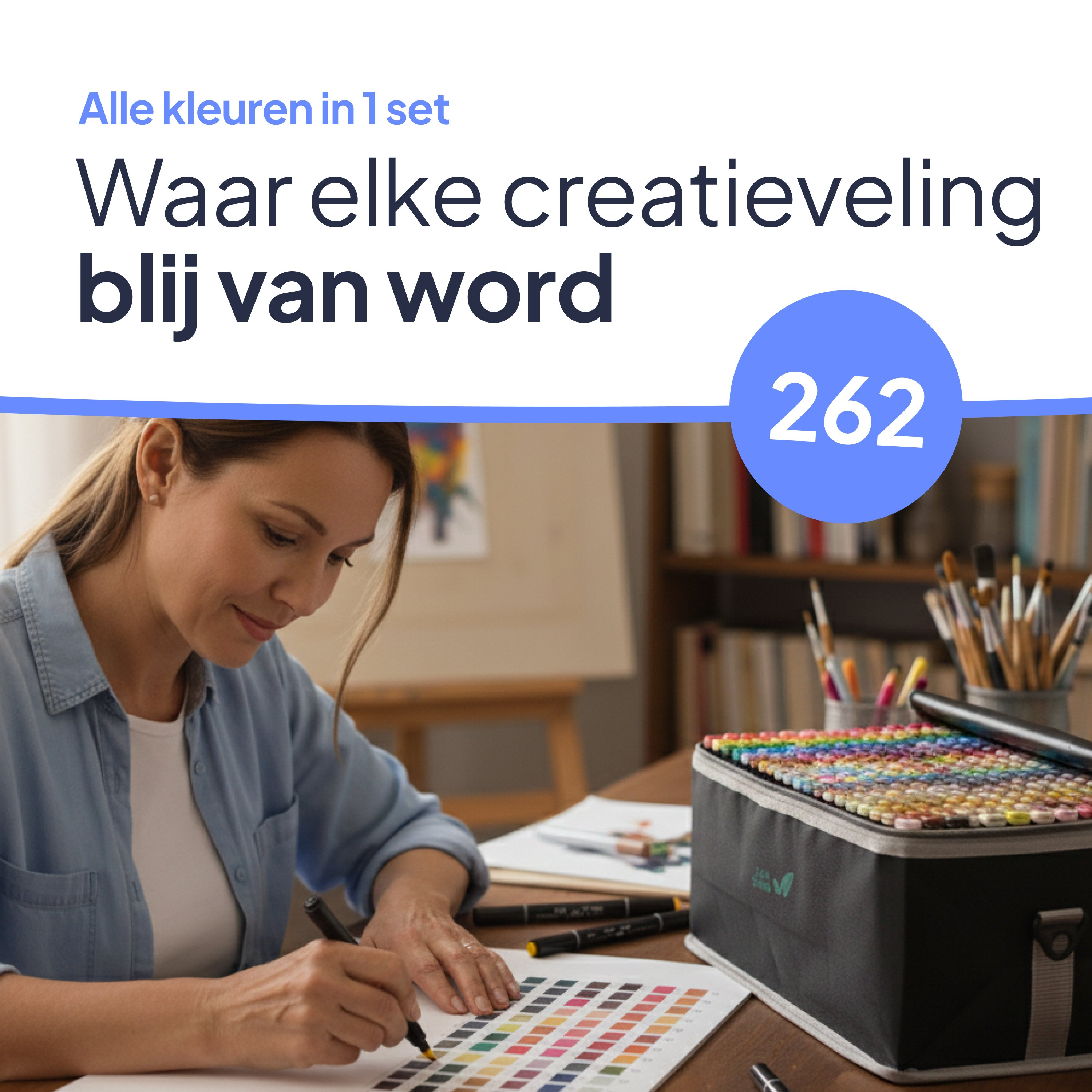 A woman is drawing with colored markers. A set of markers and color palette are on the table. Text in Dutch is visible.