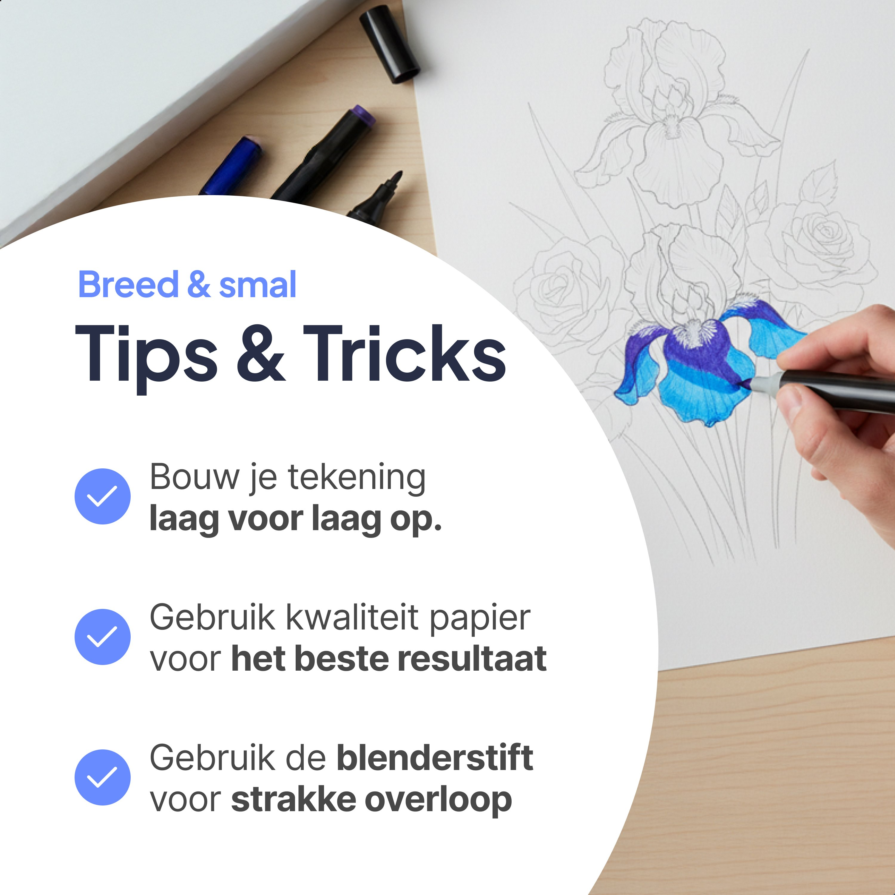An image shows drawing tips. A hand colors a flower drawing with blue markers. Text includes tips like layering and quality paper.